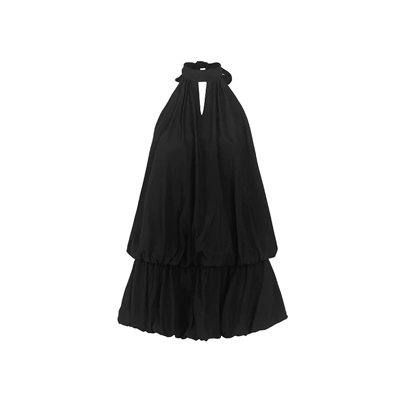 Sanhoostudio red halter dress featuring a bubble silhouette and feminine design. A summer-ready piece blending sweetness and confident style.