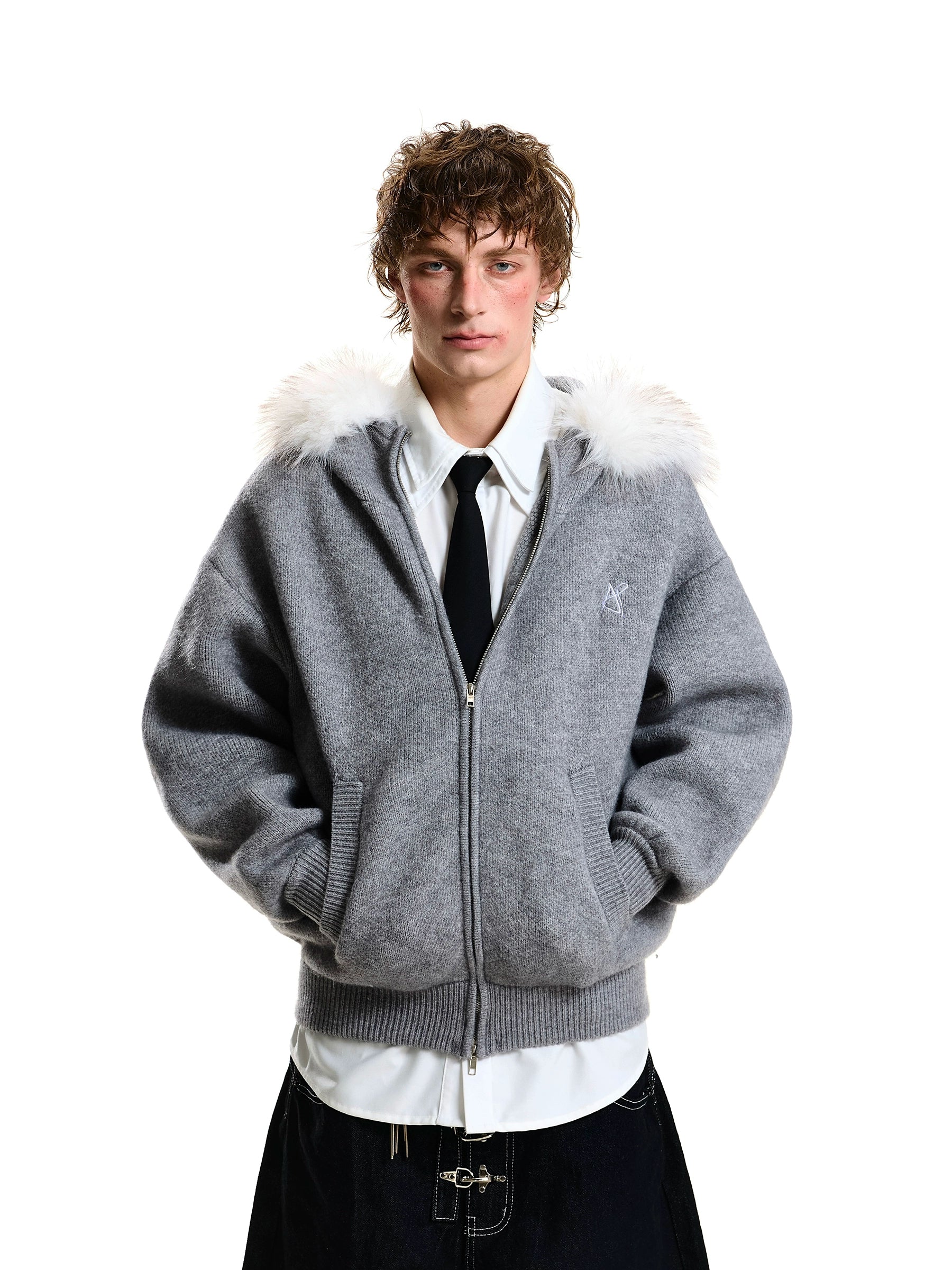 Heavy-Knit Fur Hood Relaxed Winter Cardigan