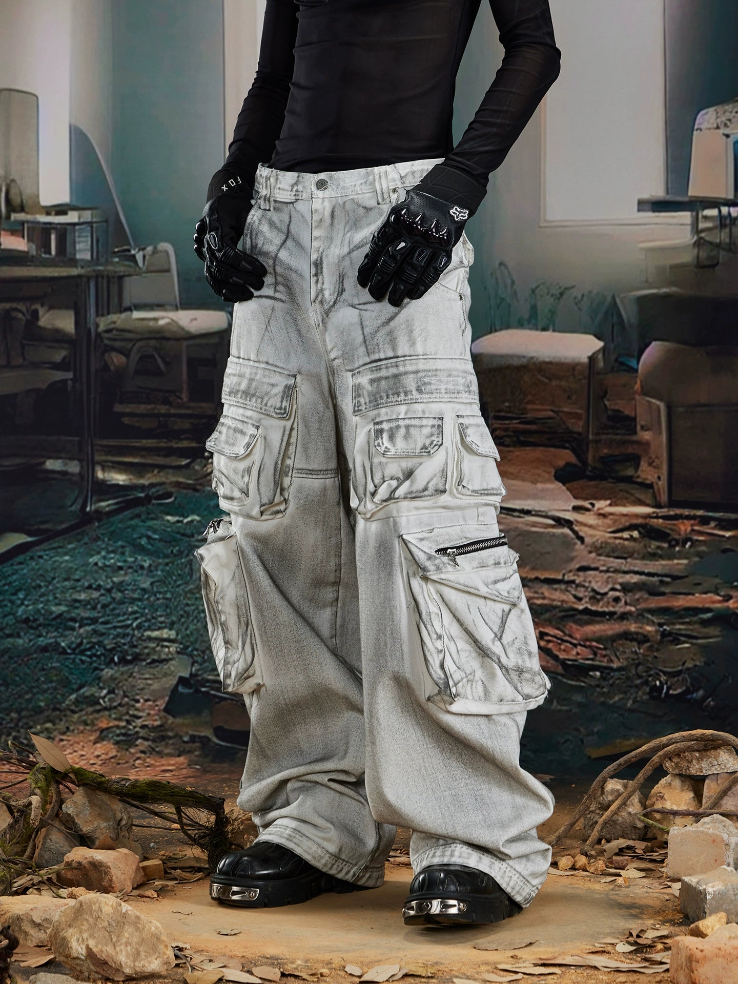 Tactical Multi-Pocket Washed Utility Denim Trousers