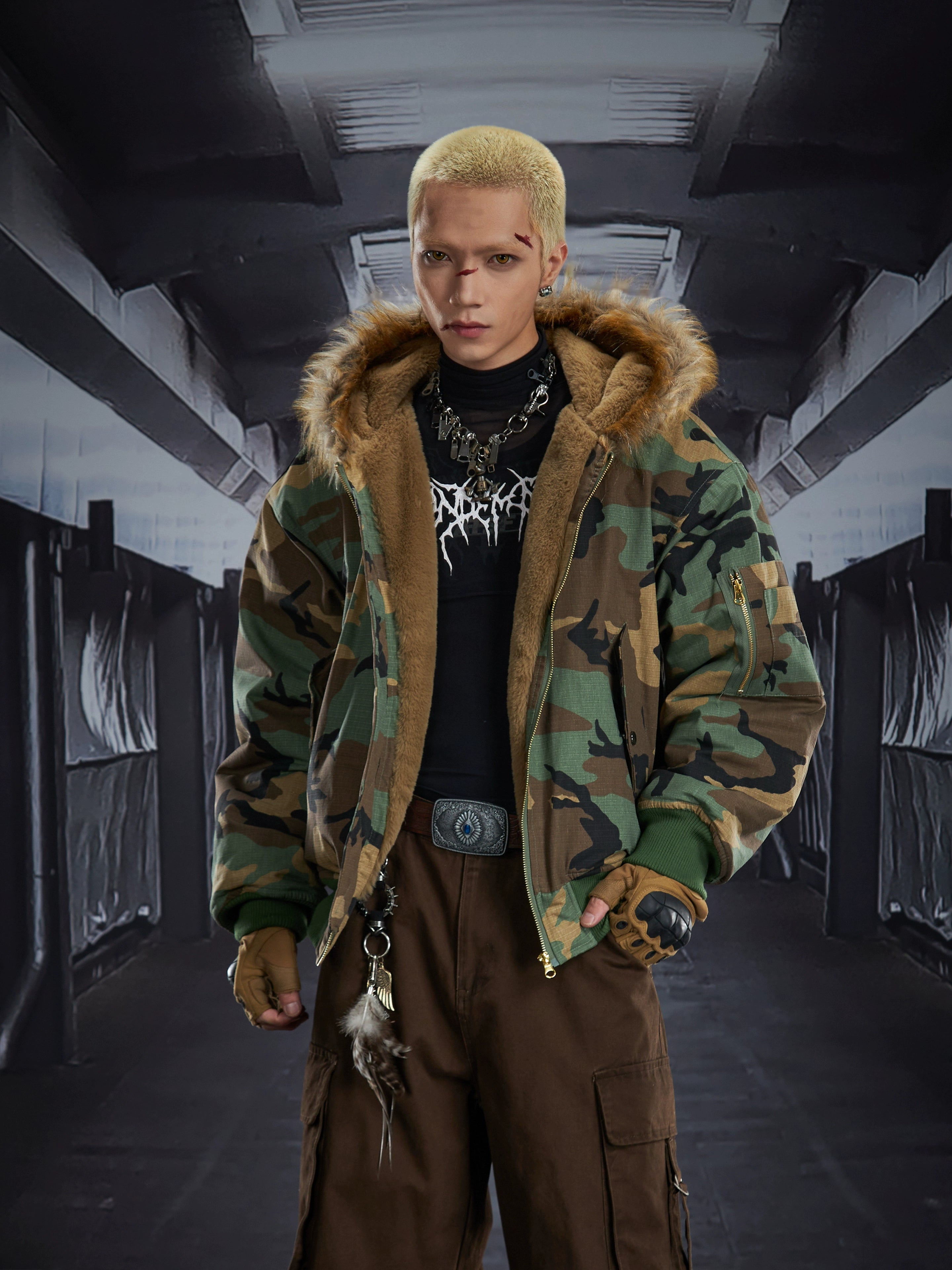 Fuzzy Hooded Camouflage Fleece-Lined Puffer Jacket