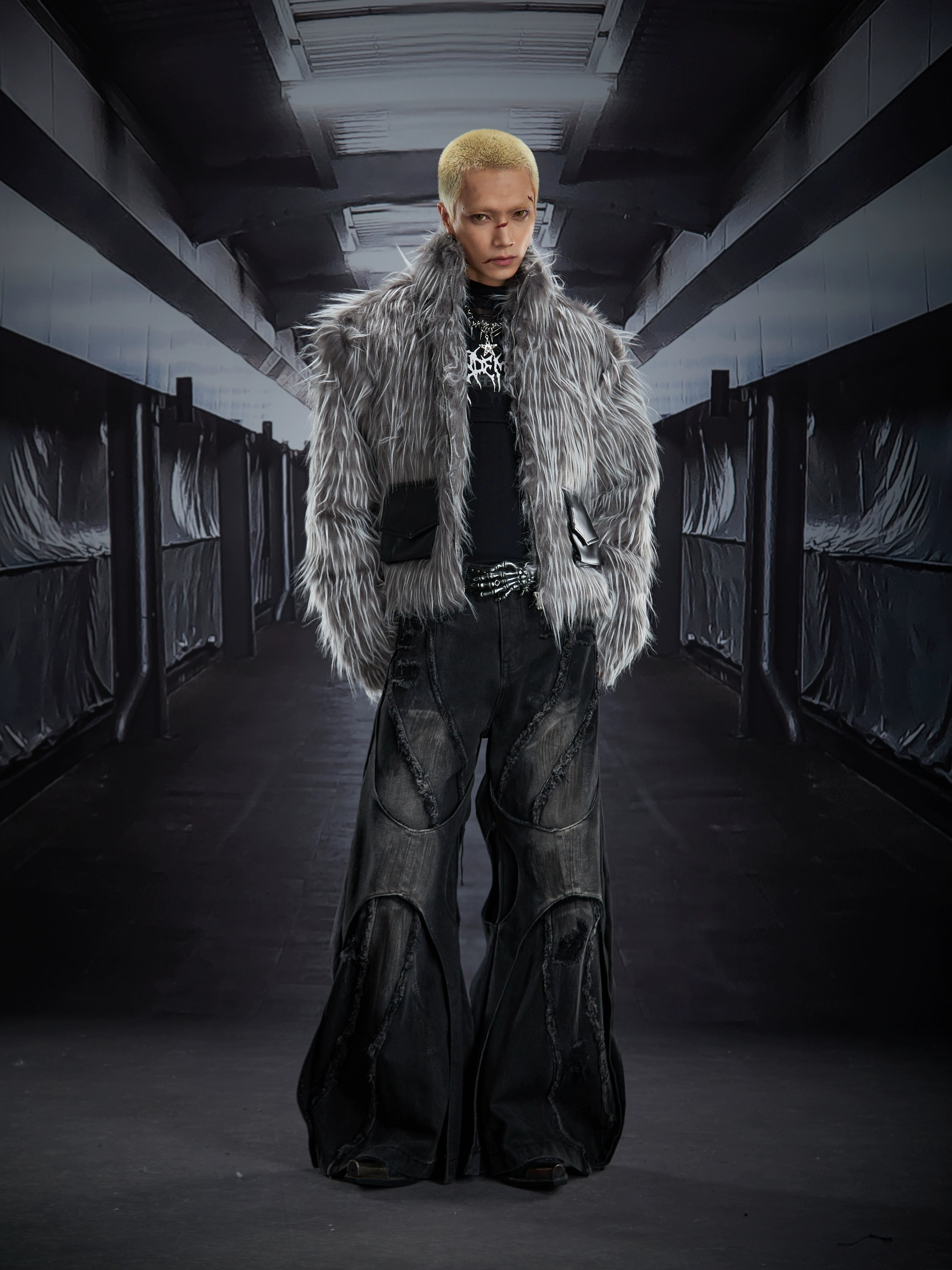 A dark Y2K fuzzy cropped jacket with a plush long-hair texture and premium street aesthetic. Designed by Sanhoostudio for bold, fashion-forward autumn and winter looks.