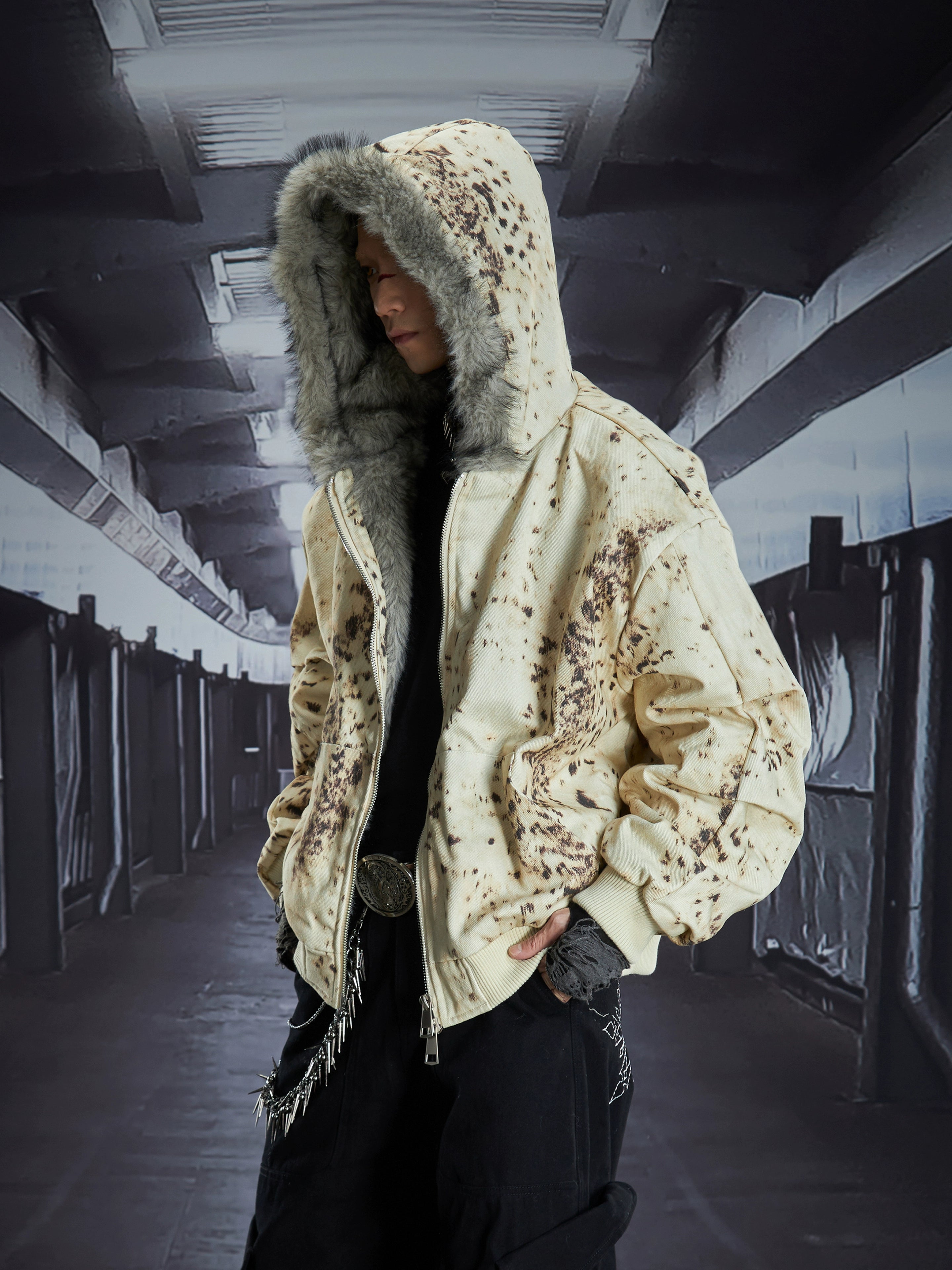 Wasteland Distressed Furry Hooded Cropped Heavy Puffer