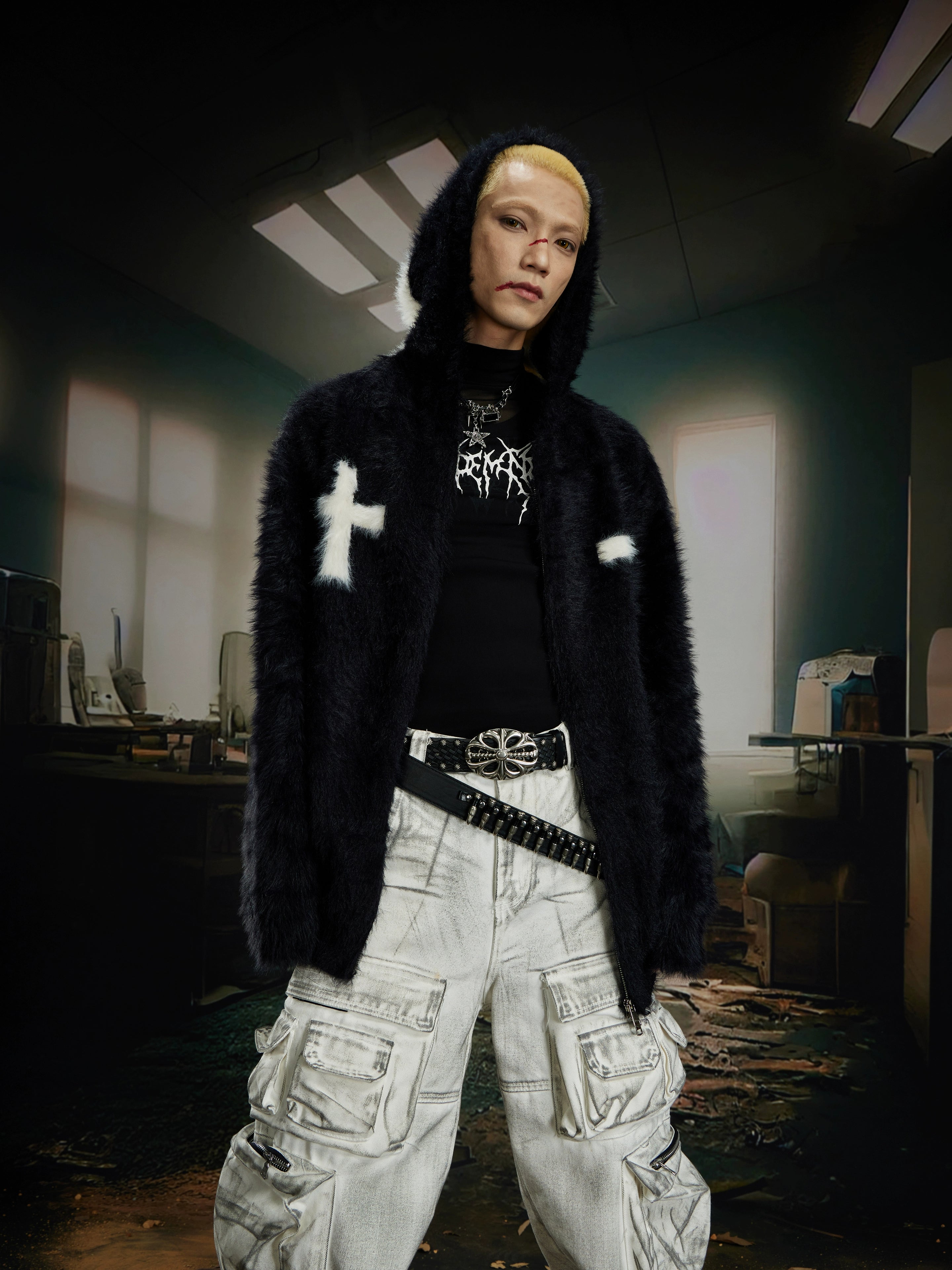 Heavyweight Mohair-Inspired Y2K Hooded Knit Cardigan