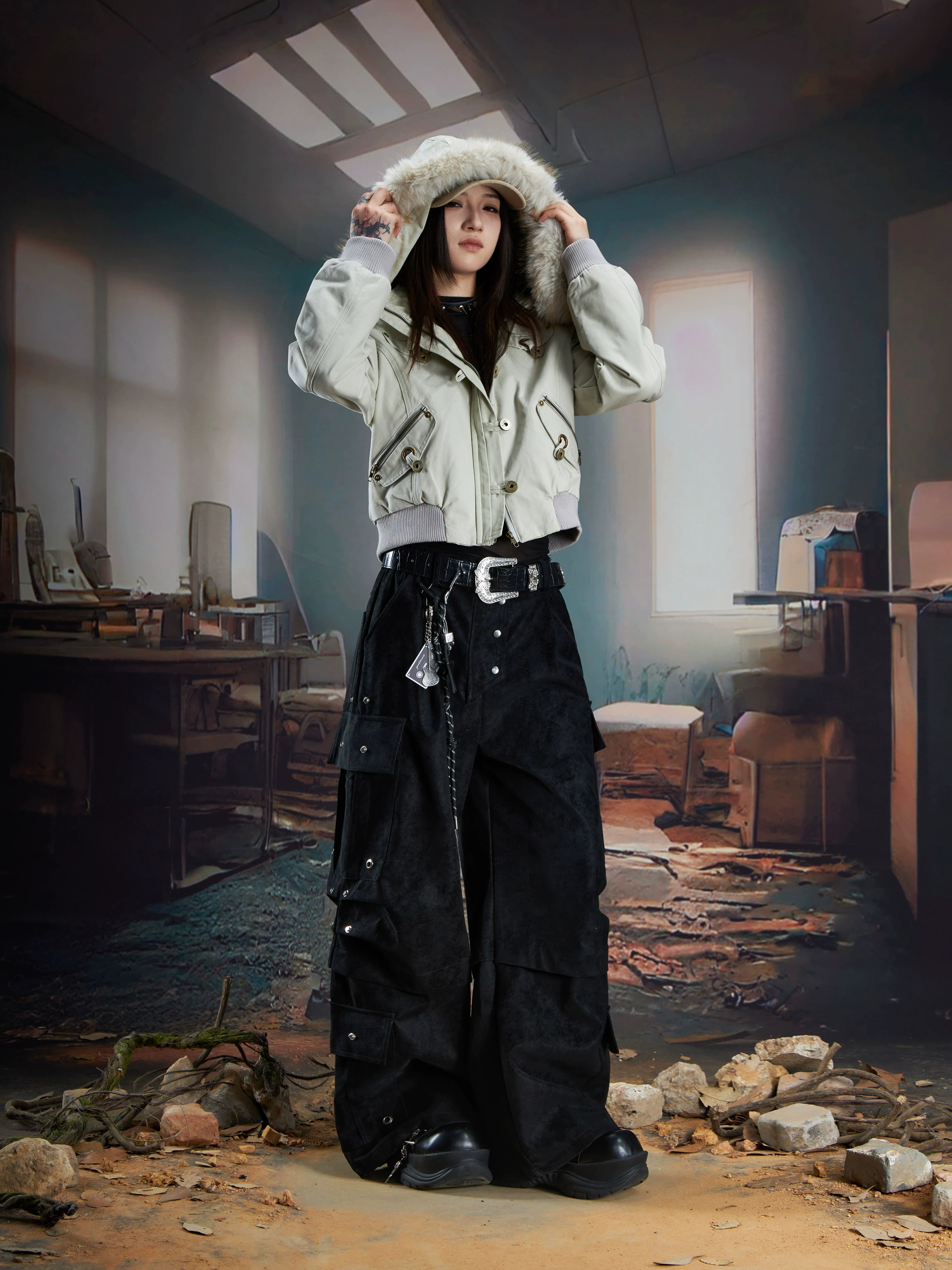 Matte Leather Multi-Pocket Studded Straight Pants