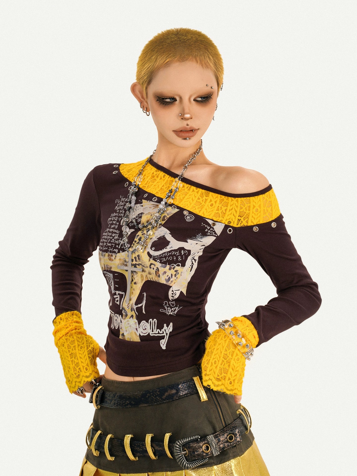 Vintage Lace Patchwork Long-Sleeve Y2K Slim Top Set