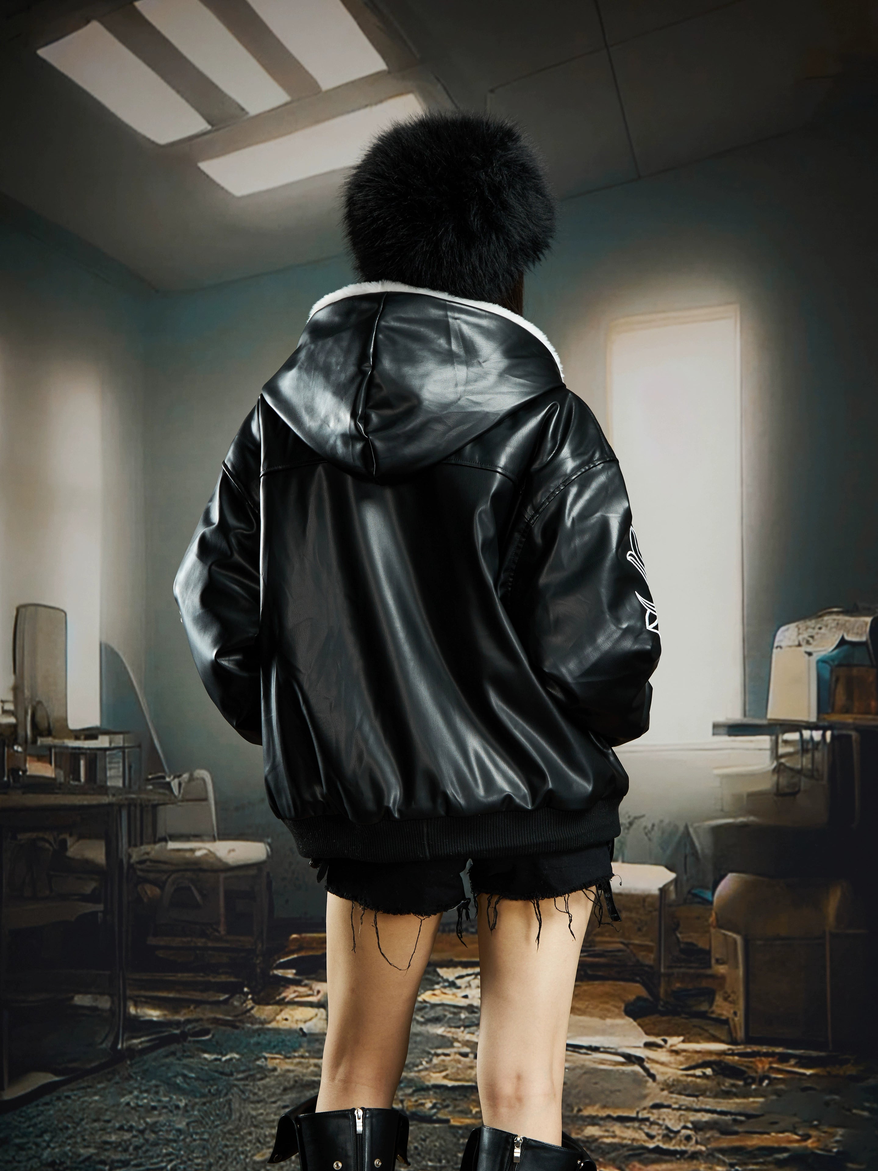 Heavy Embroidered Fleece-Lined Hooded Faux-Leather Jacket