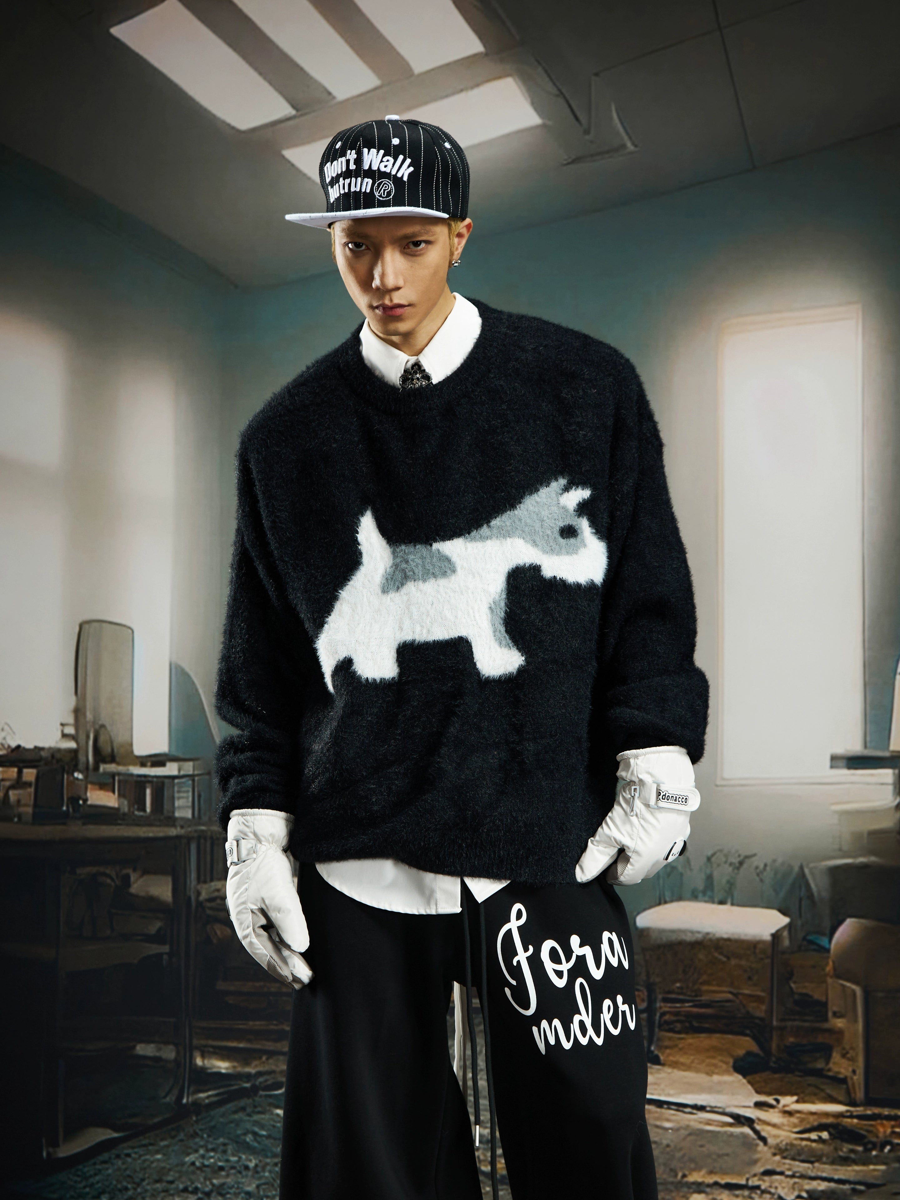 A soft mohair-inspired dog-pattern knit sweater from Sanhoostudio, featuring a relaxed unisex silhouette and warm cozy texture for winter streetwear layering.