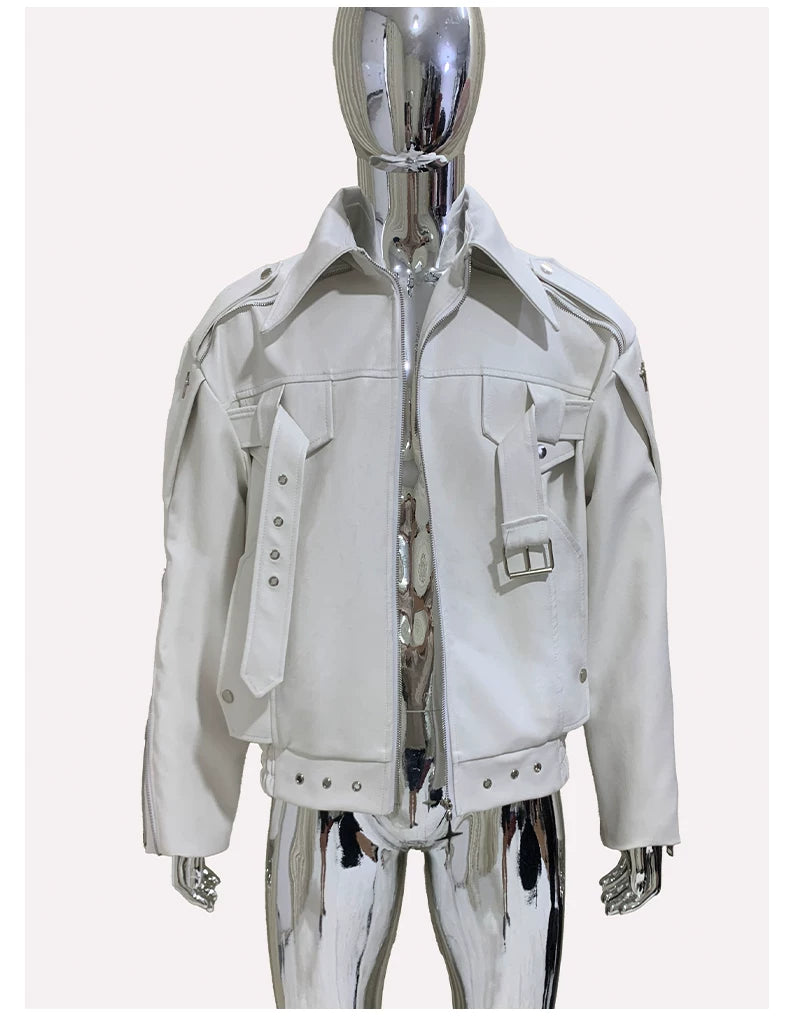 Sanhoostudio White Lapel PU Leather Moto Jacket