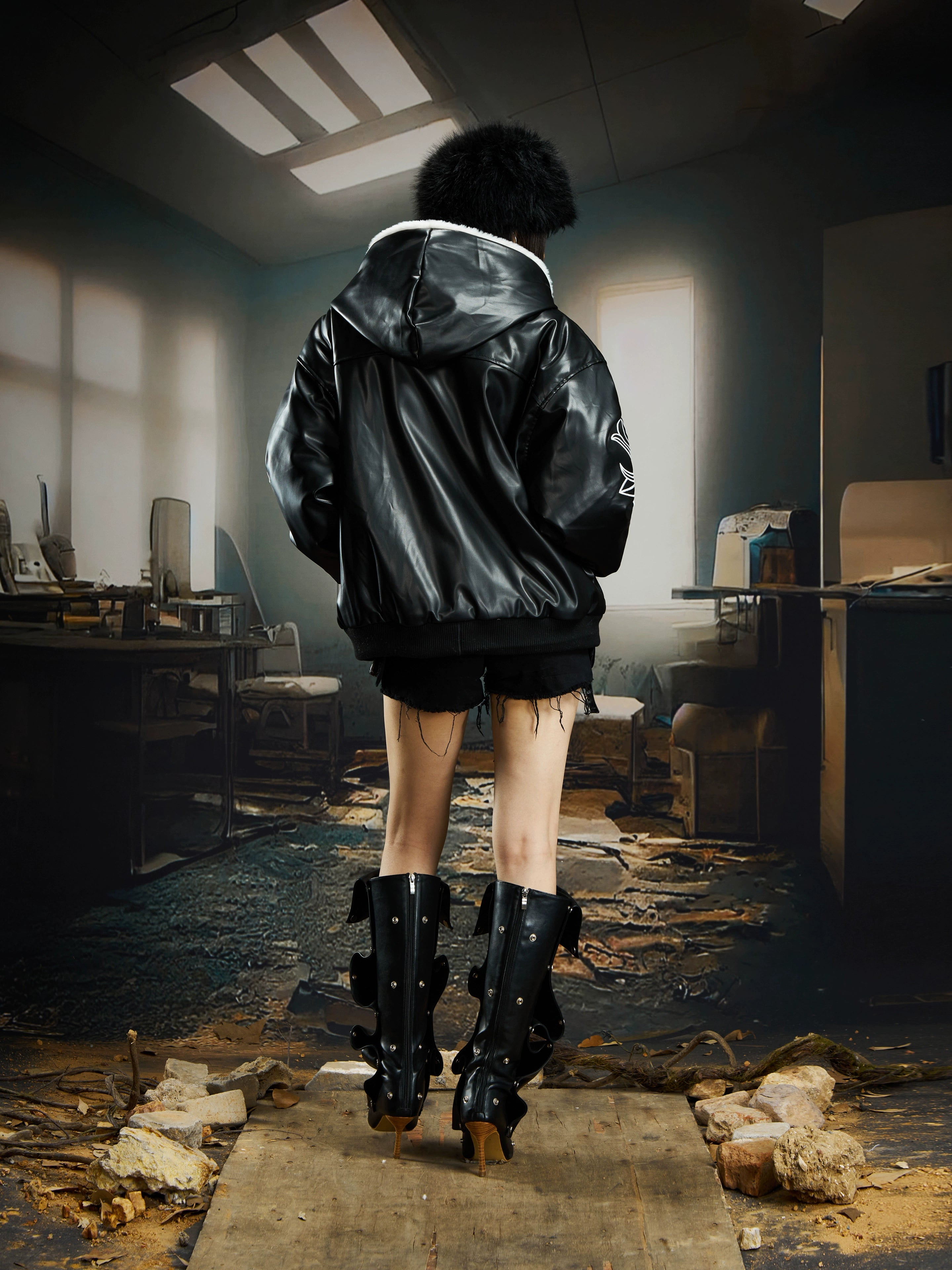 Heavy Embroidered Fleece-Lined Hooded Faux-Leather Jacket