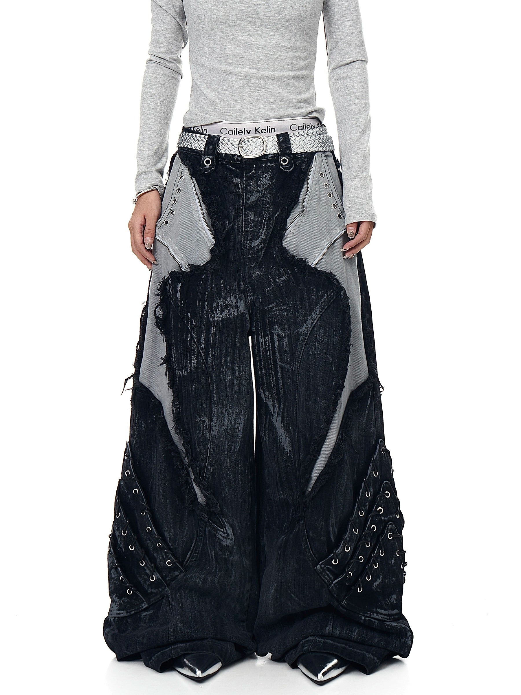 Heavy Washed Patchwork Distressed Deconstructed Wide-Leg Denim Pants