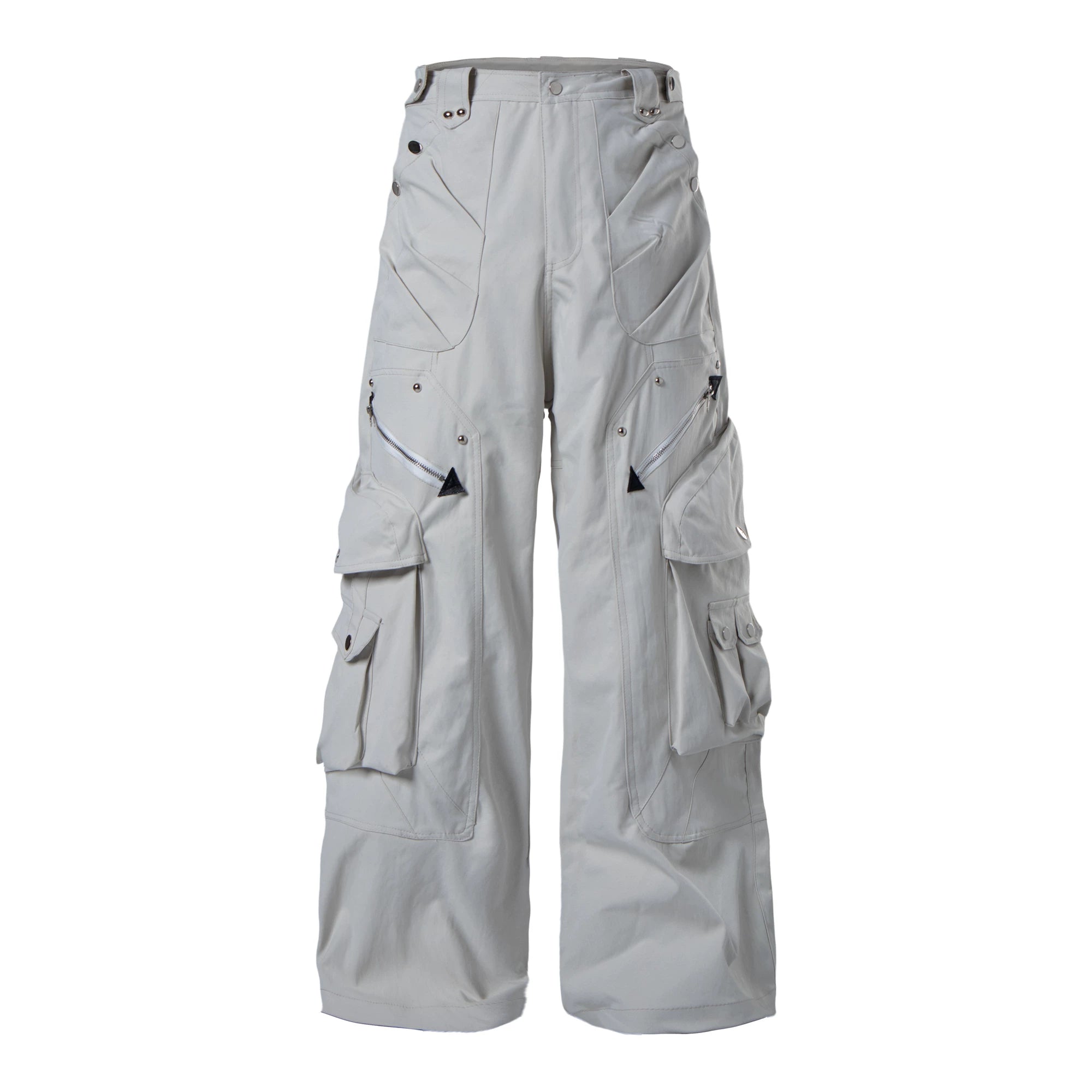 Sanhoostudio cargo pants featuring heavy utility construction, stud details, and multi-pocket design. Built with a wide leg silhouette for bold streetwear outfits.