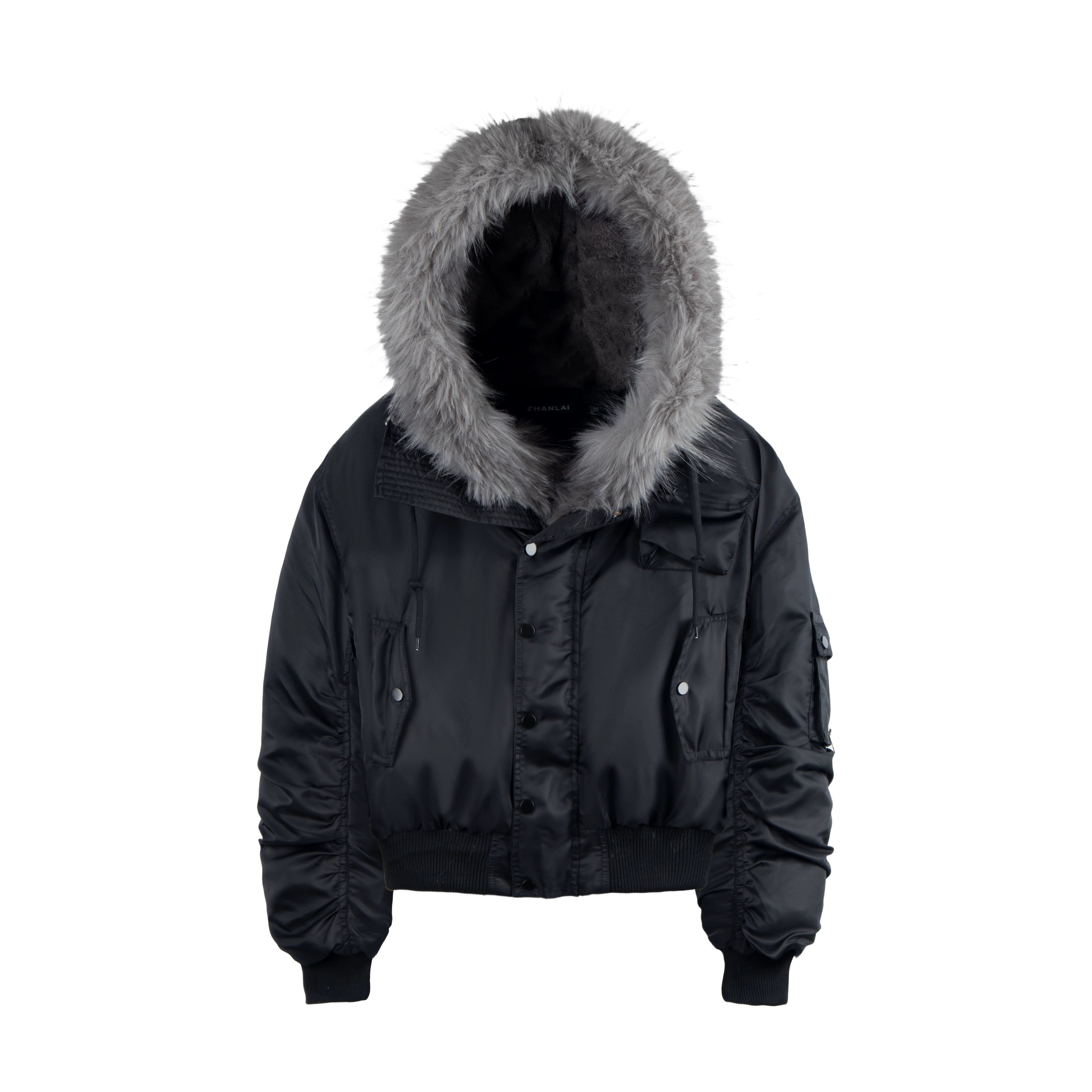 Detachable Fur-Collar Studded Hooded Fleece Puffer Jacket