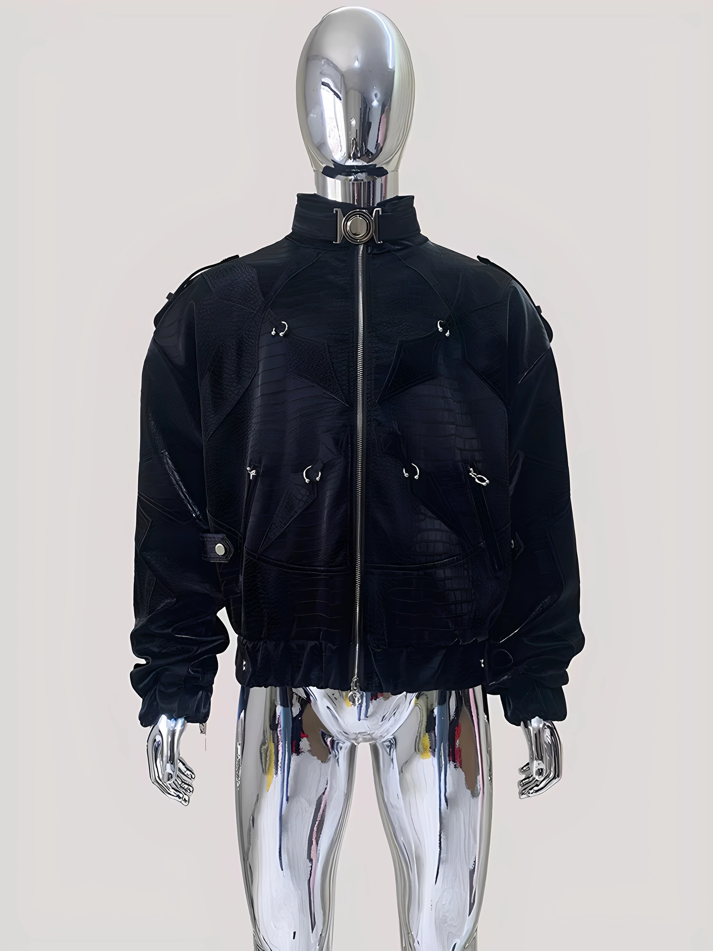 Sanhoostudio Crocodile Embossed Colorblock PU Leather Jacket