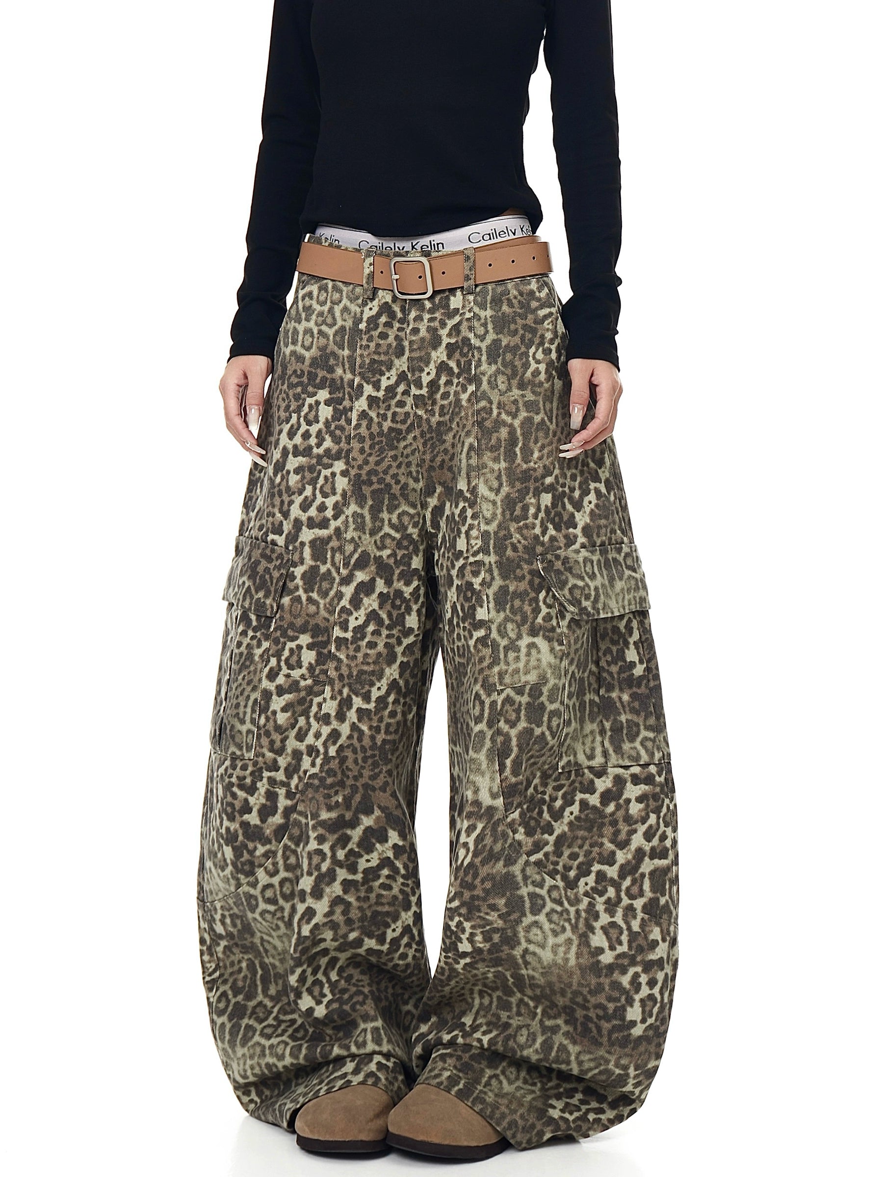 Leopard Multi-Pocket Cargo Denim Wide-Leg Pants