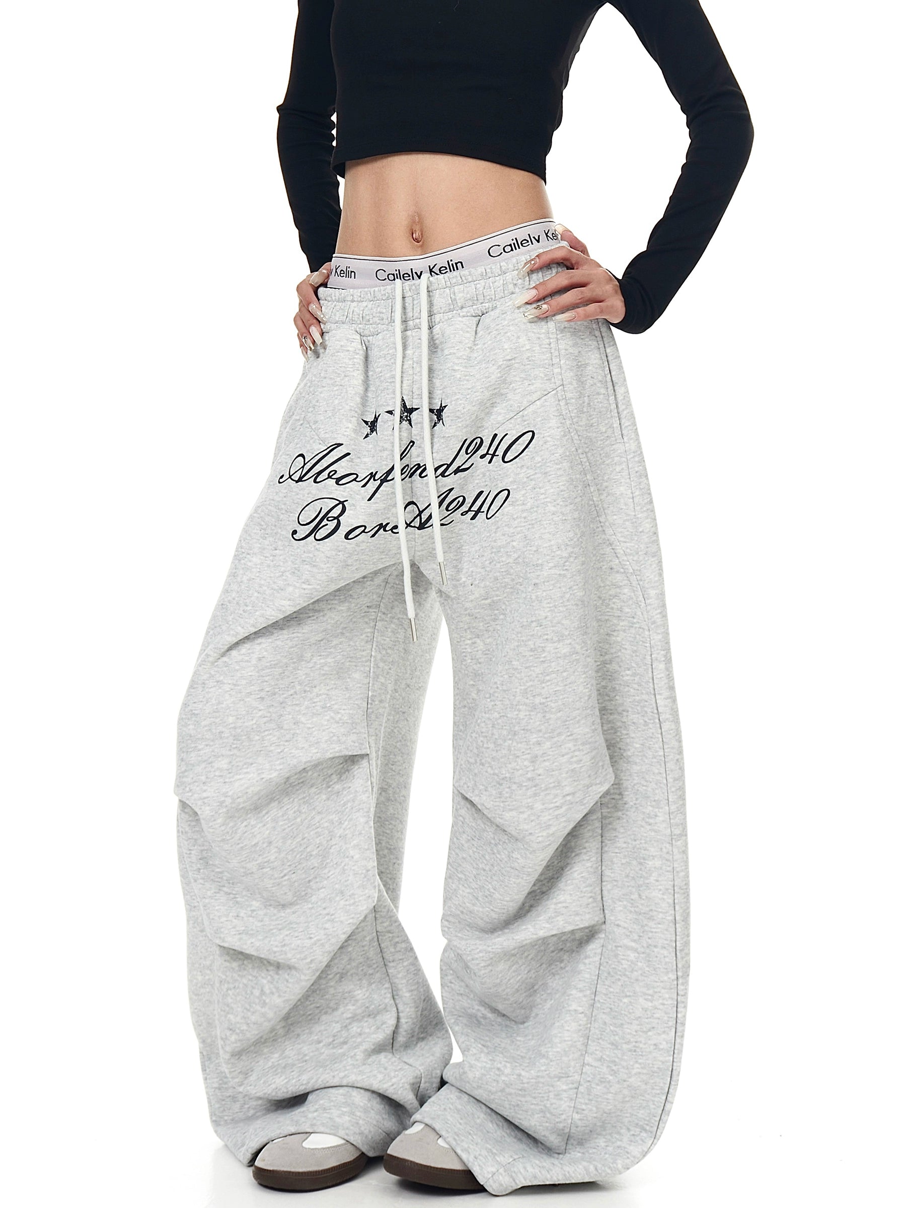 Star Letter Print Ruched Wide-Leg Sweatpants