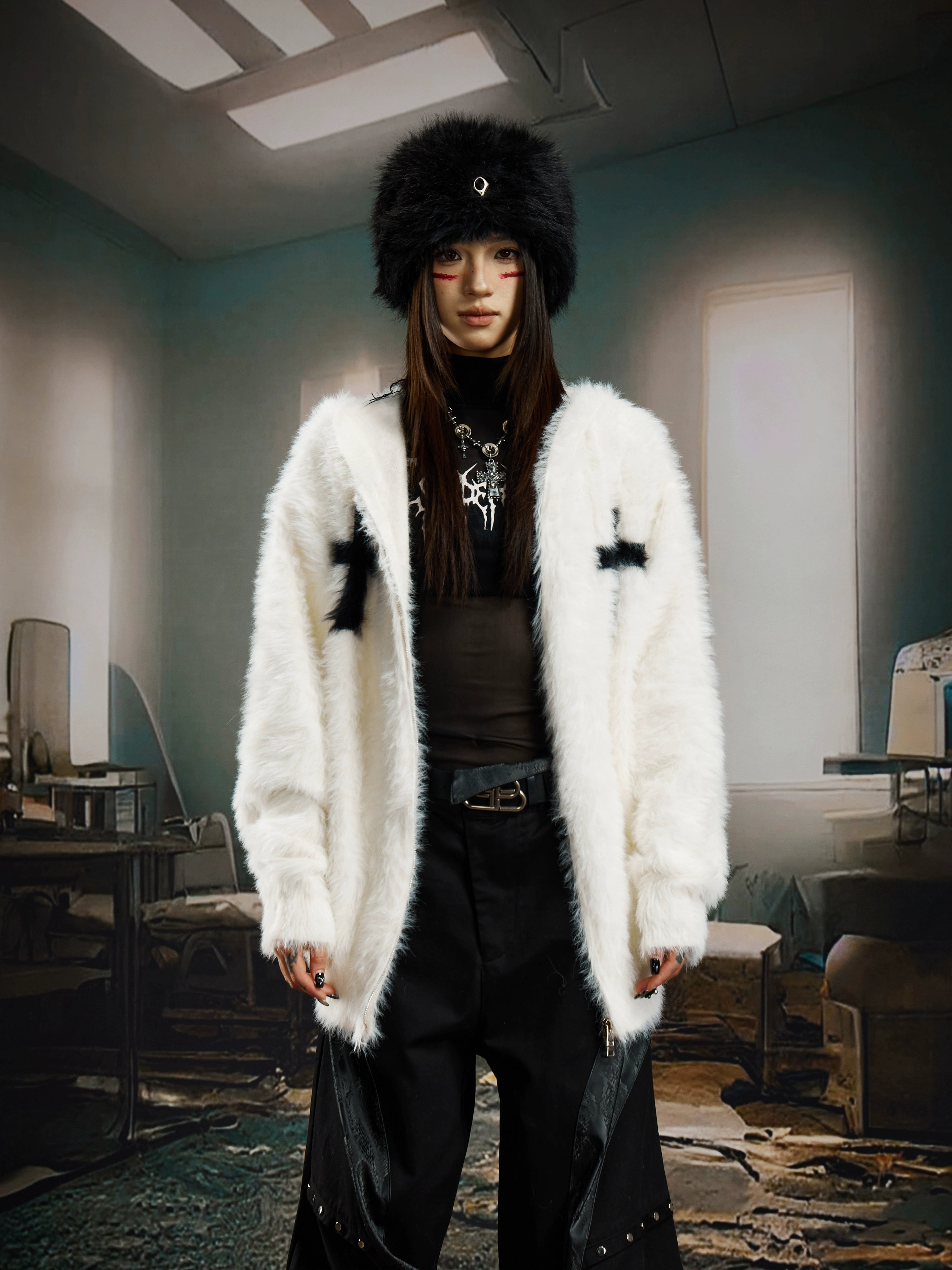 Heavyweight Mohair-Inspired Y2K Hooded Knit Cardigan