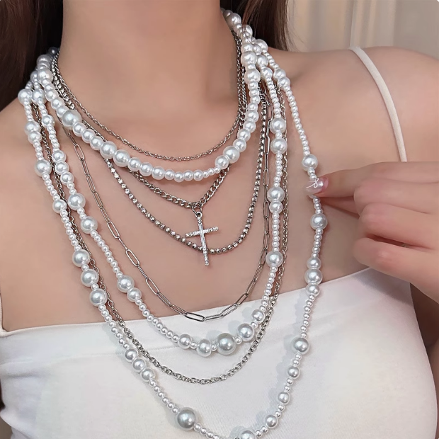 Layered Cross Pearl Choker Necklace