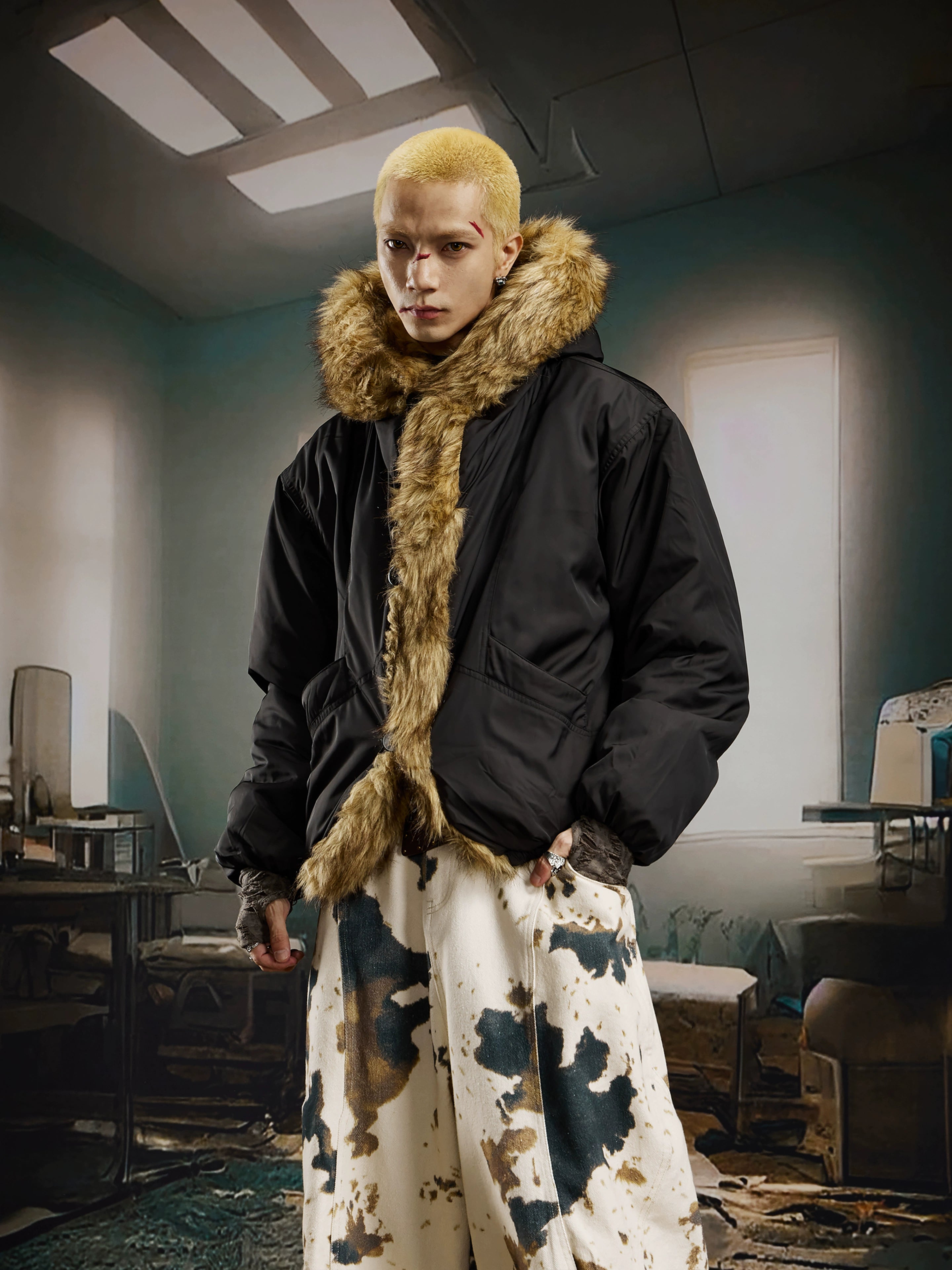 Oversized Fur-Trim Hooded Puffer Coat with Patchwork Design