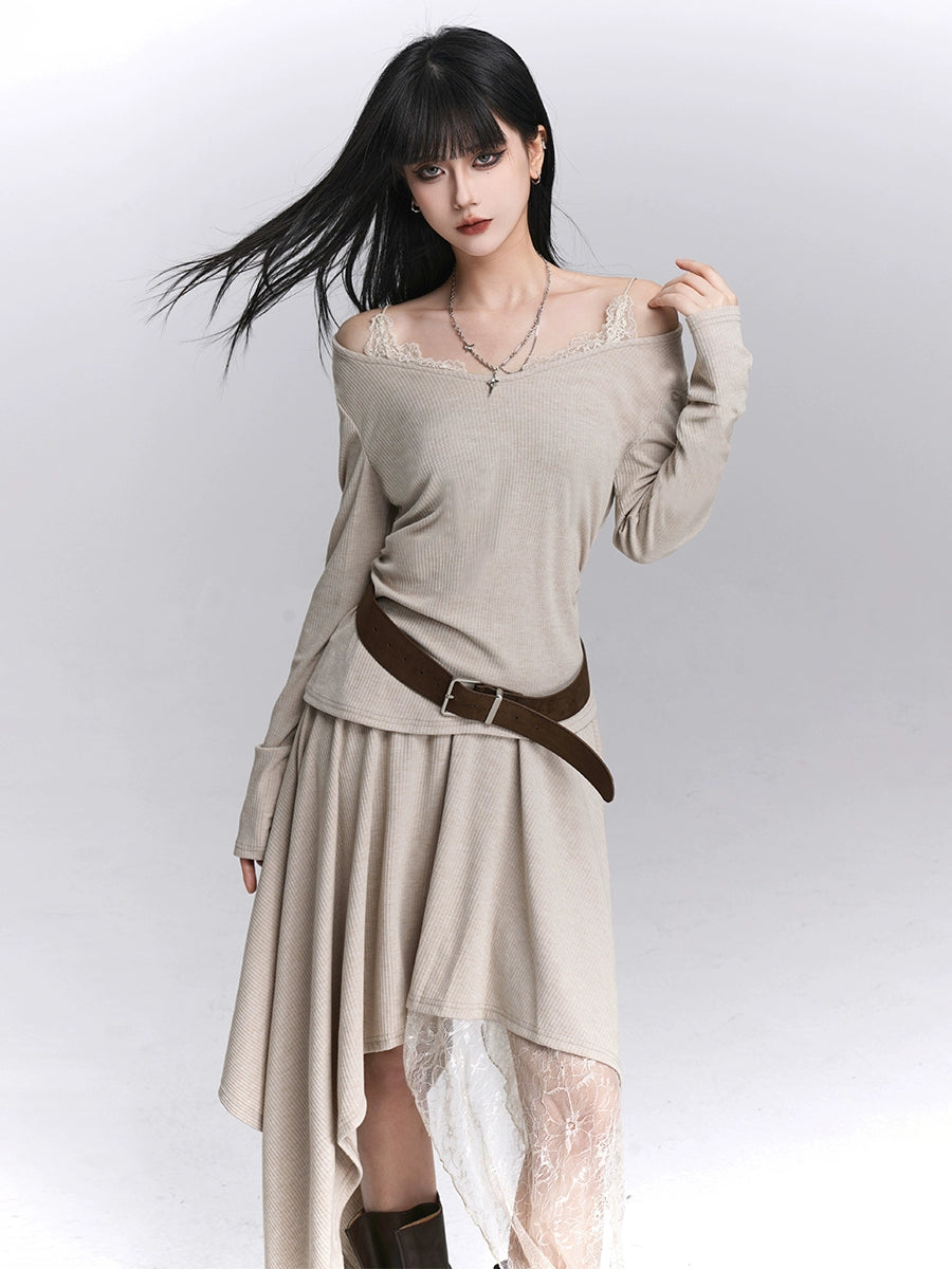 Discover Sanhoostudio’s early autumn two-piece skirt set with a unique off-shoulder top and irregular skirt. Ideal for chic layering, street fashion, and stylish day looks.