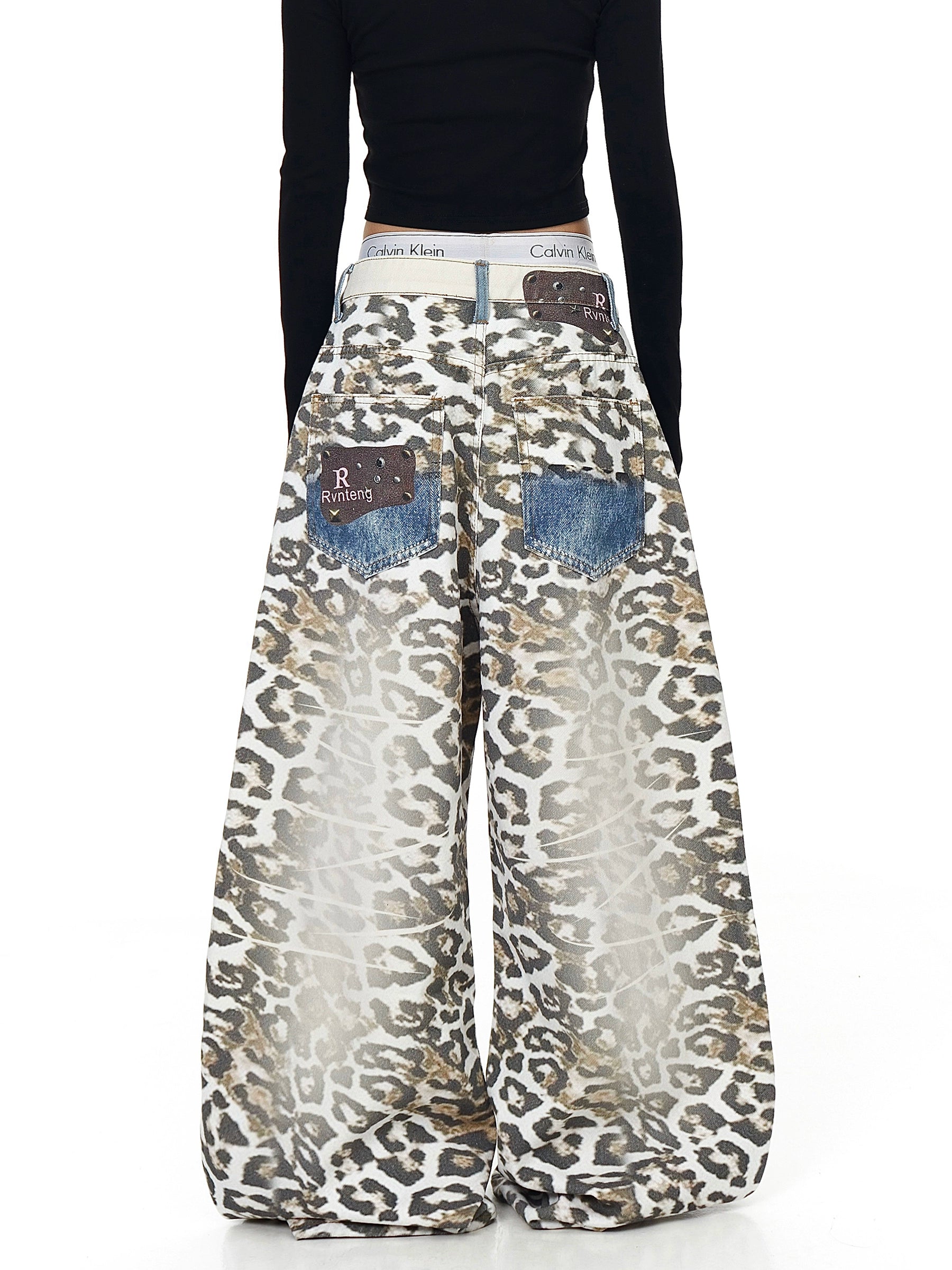 3D Printed Leopard Belt Wide-Leg Vintage Denim Pants