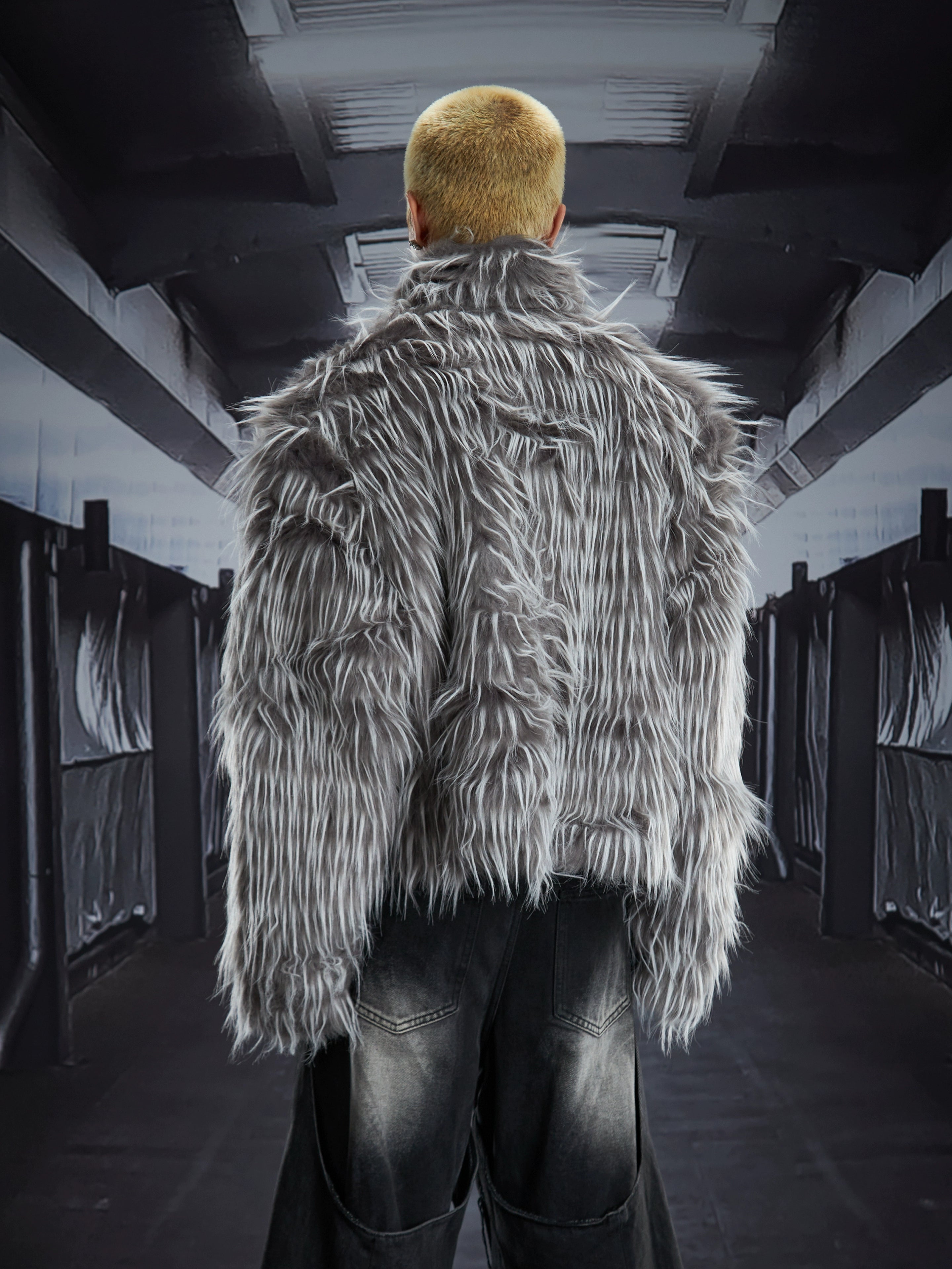 A dark Y2K fuzzy cropped jacket with a plush long-hair texture and premium street aesthetic. Designed by Sanhoostudio for bold, fashion-forward autumn and winter looks.