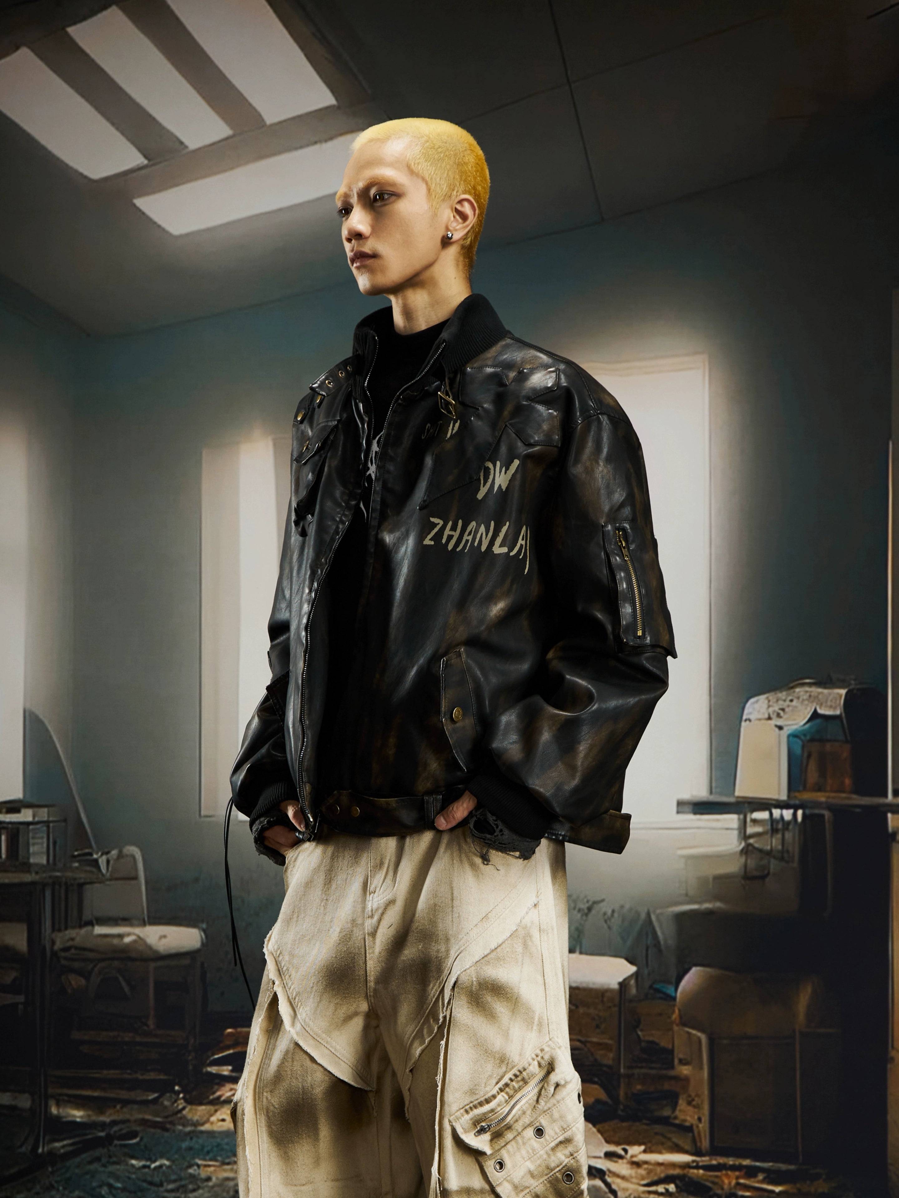 Heavy-Washed Vintage Quilted Moto Jacket