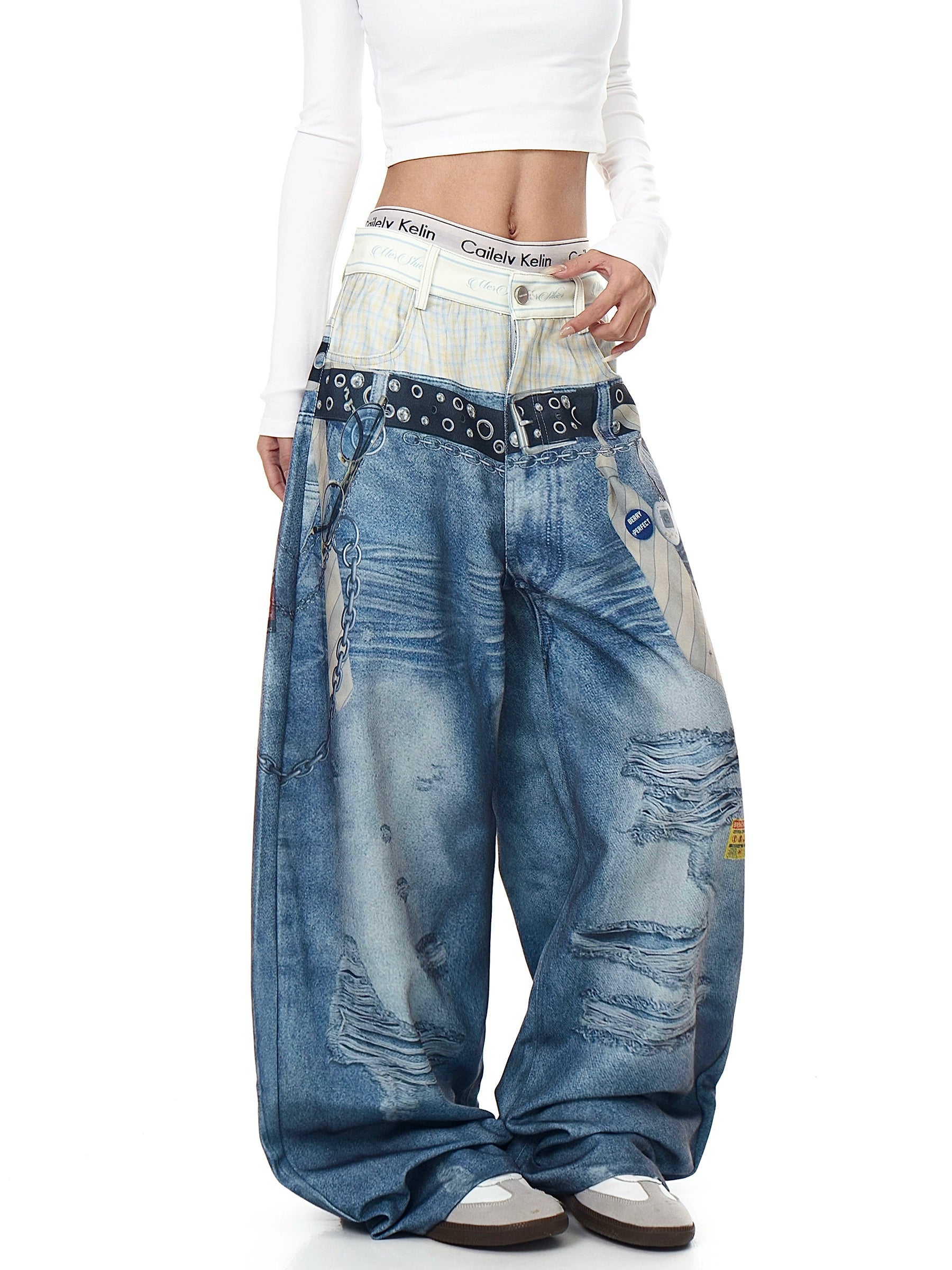 3D Chain Print Double-Waist Denim Pants
