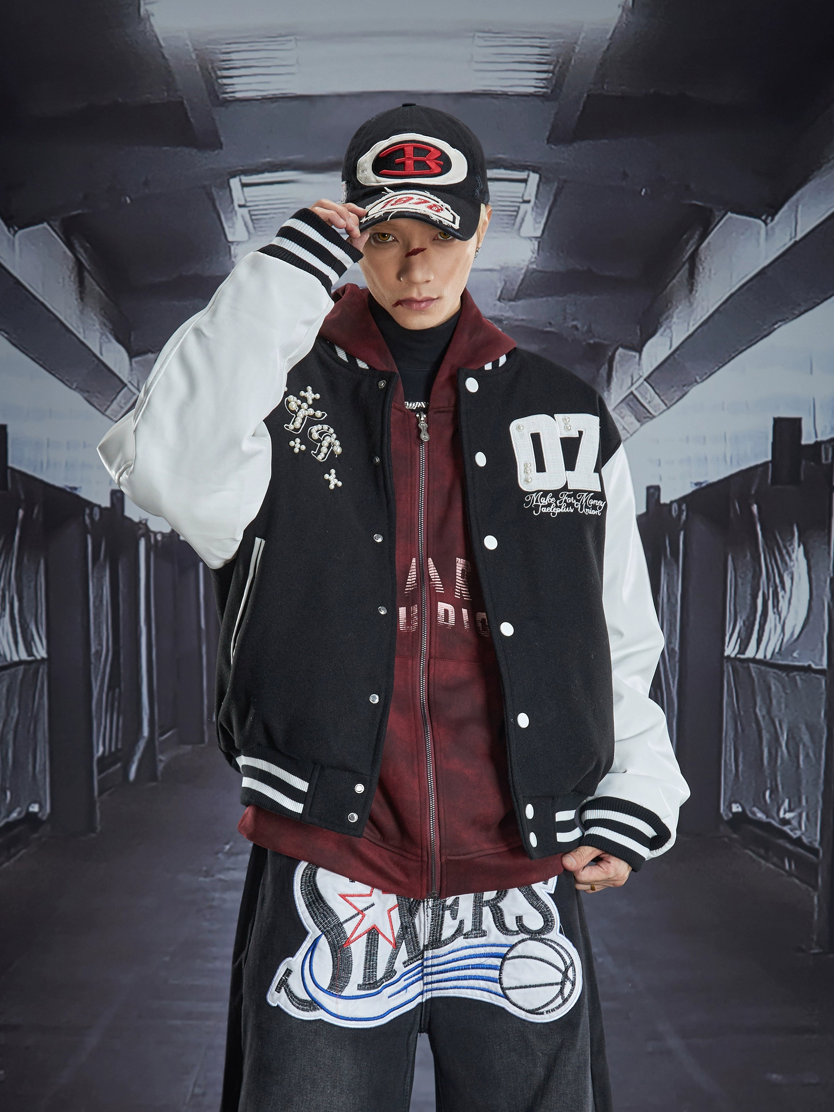 Jersey-Style Pearl Embroidered Quilted Bomber Jacket