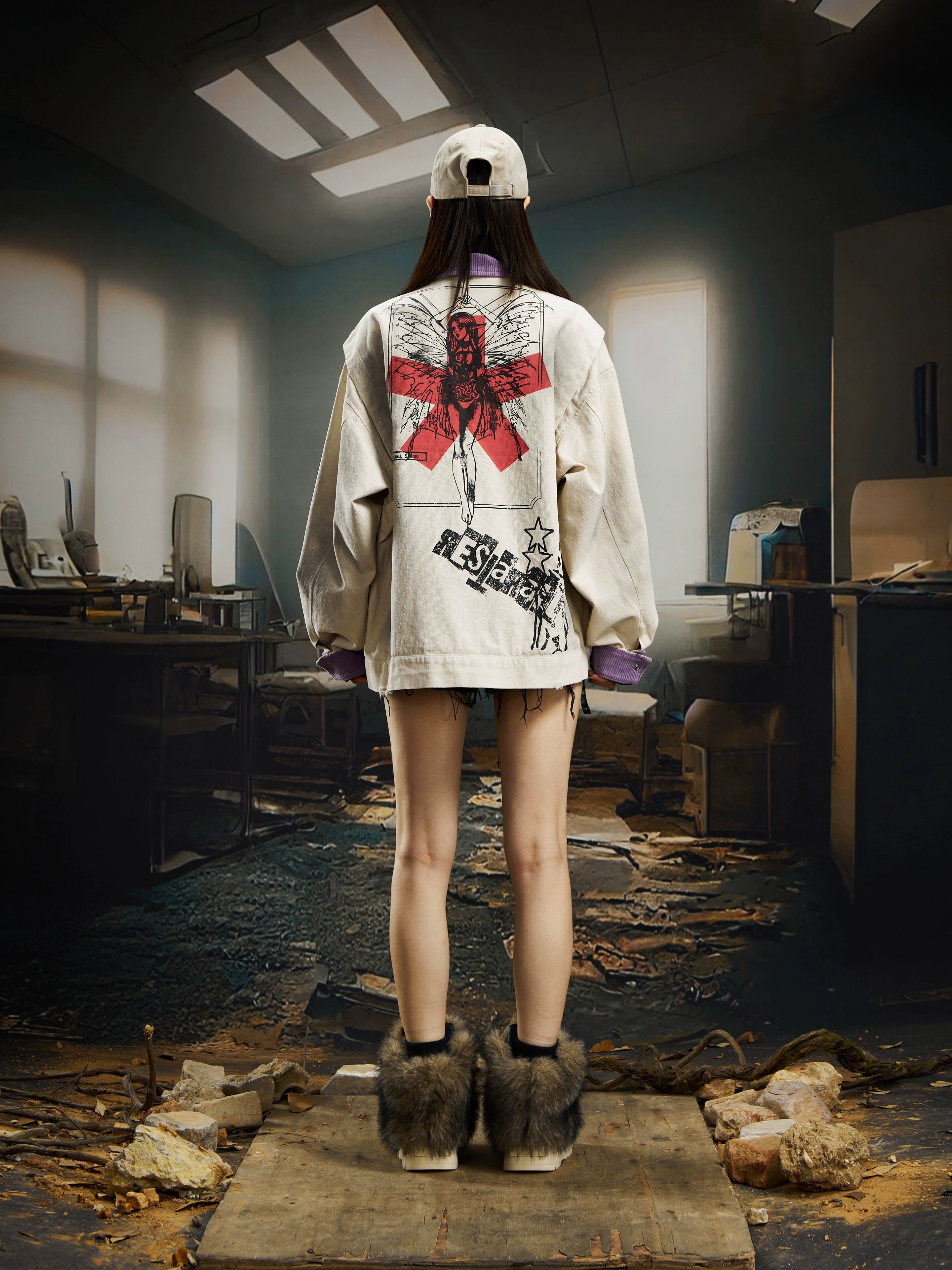 Washed Purple Denim Jacket with Badge Decoration