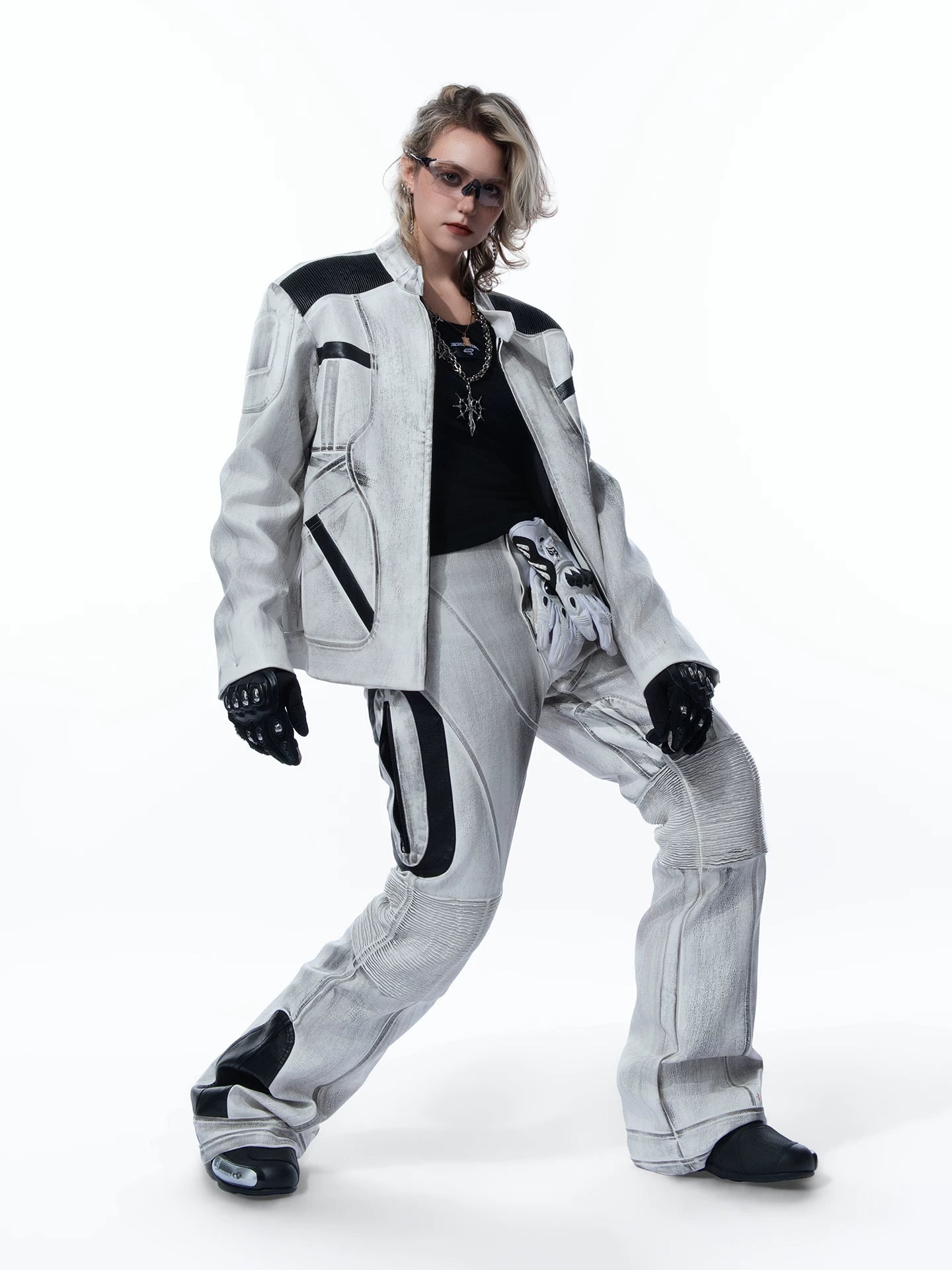 Sanhoostudio leather jacket featuring distressed finish and relaxed fit for bold streetwear styling.
