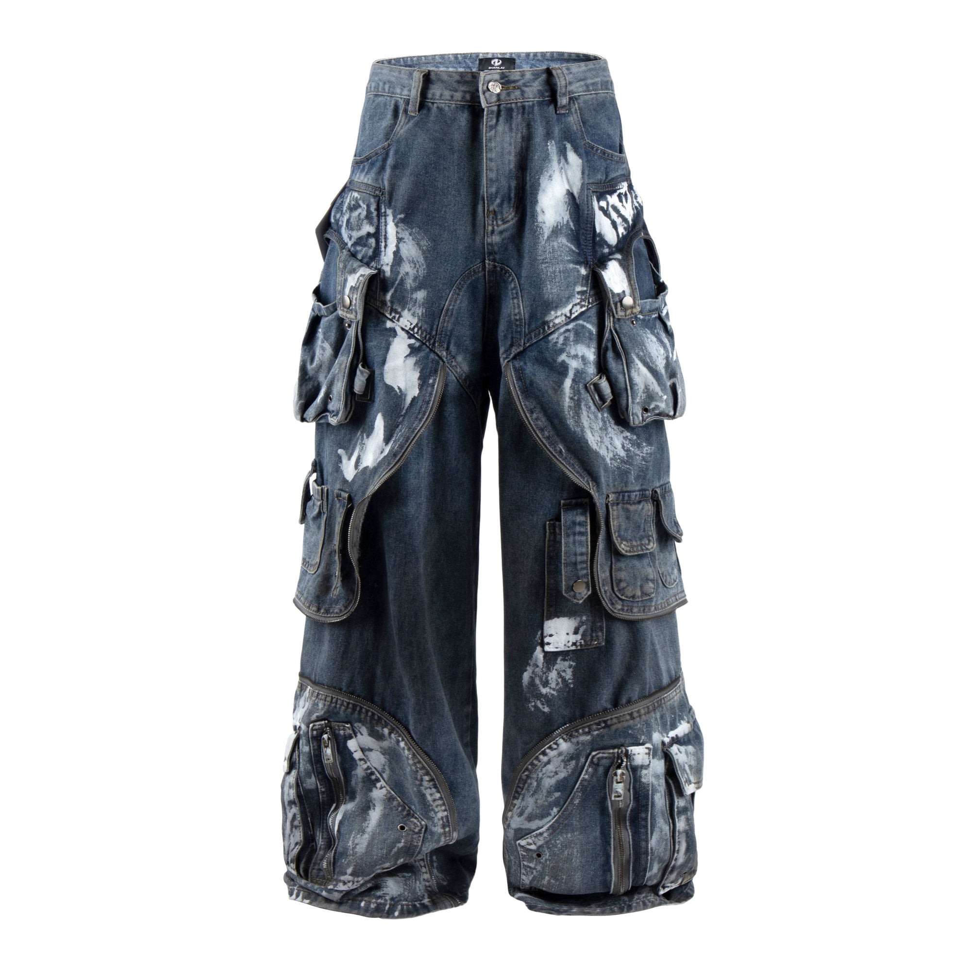 Heavy Graffiti Painted Cargo Denim Pants with Multi Pockets