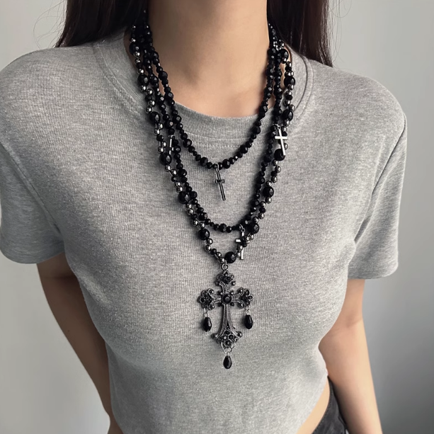 Layered Cross Pearl Choker Necklace