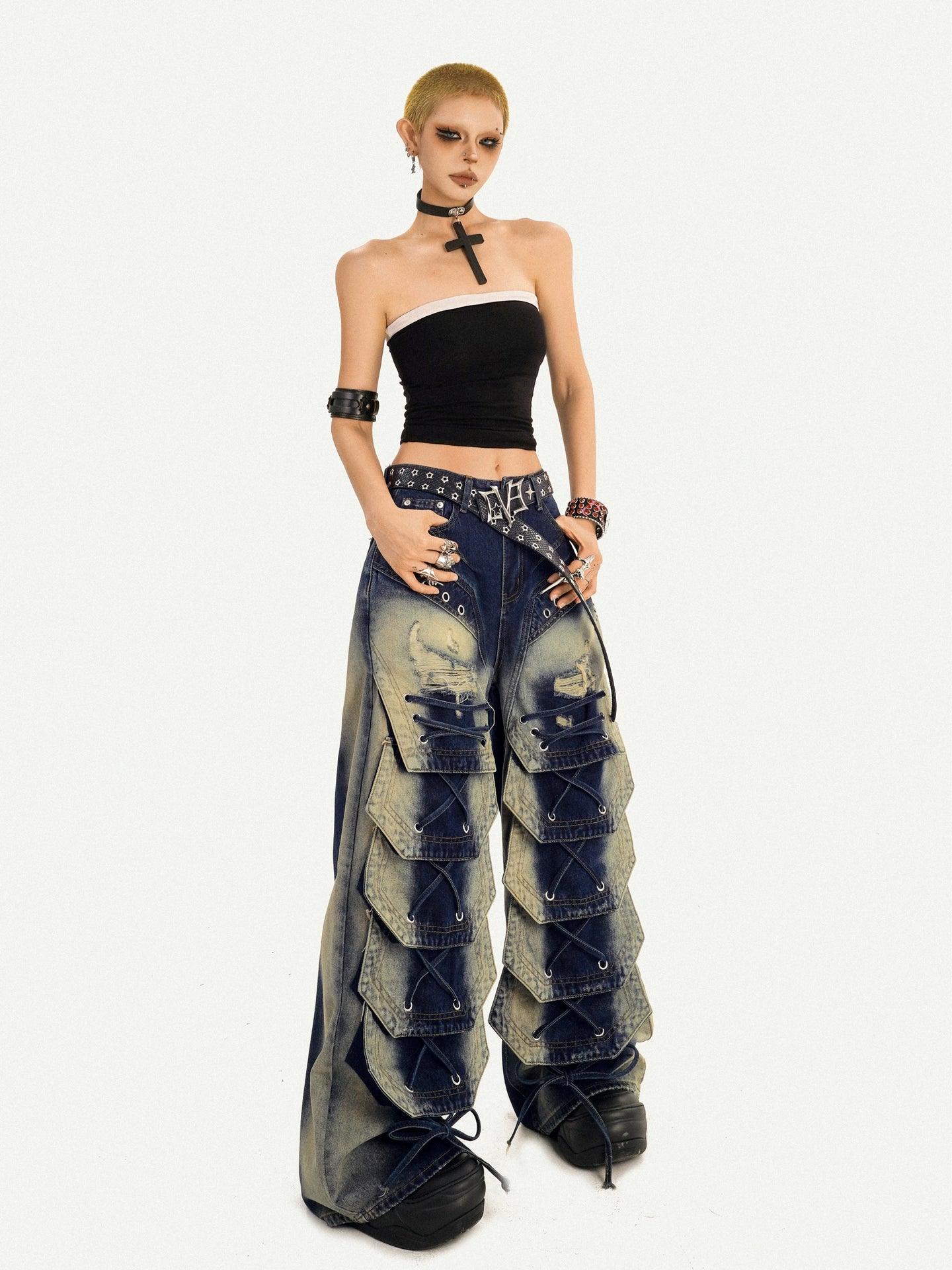 Heavy-Washed Cargo Denim Pants with Multi-Pocket Punk Street Style