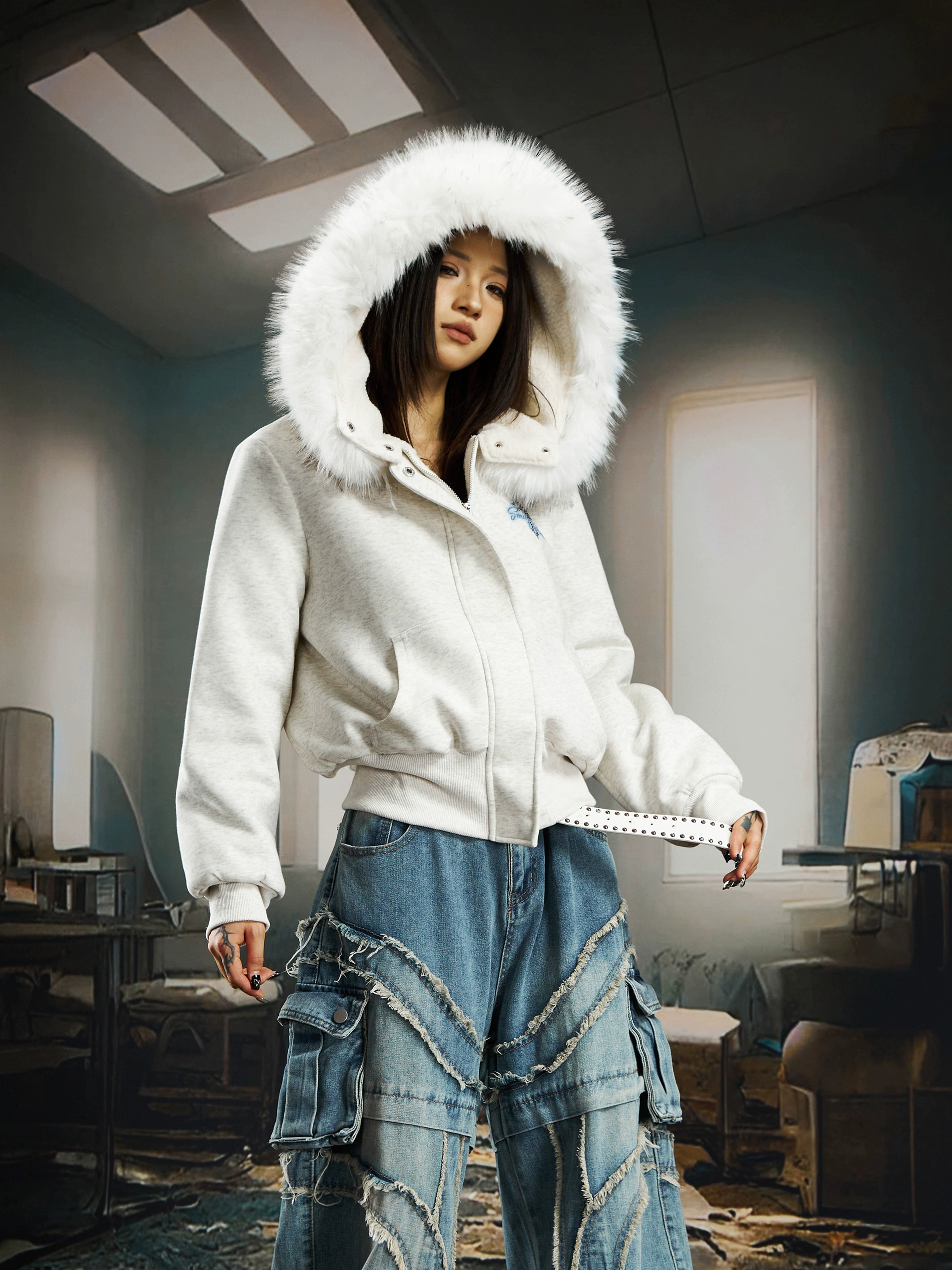 Fuzzy Fleece Short Hooded Hoodie with Plush Lining