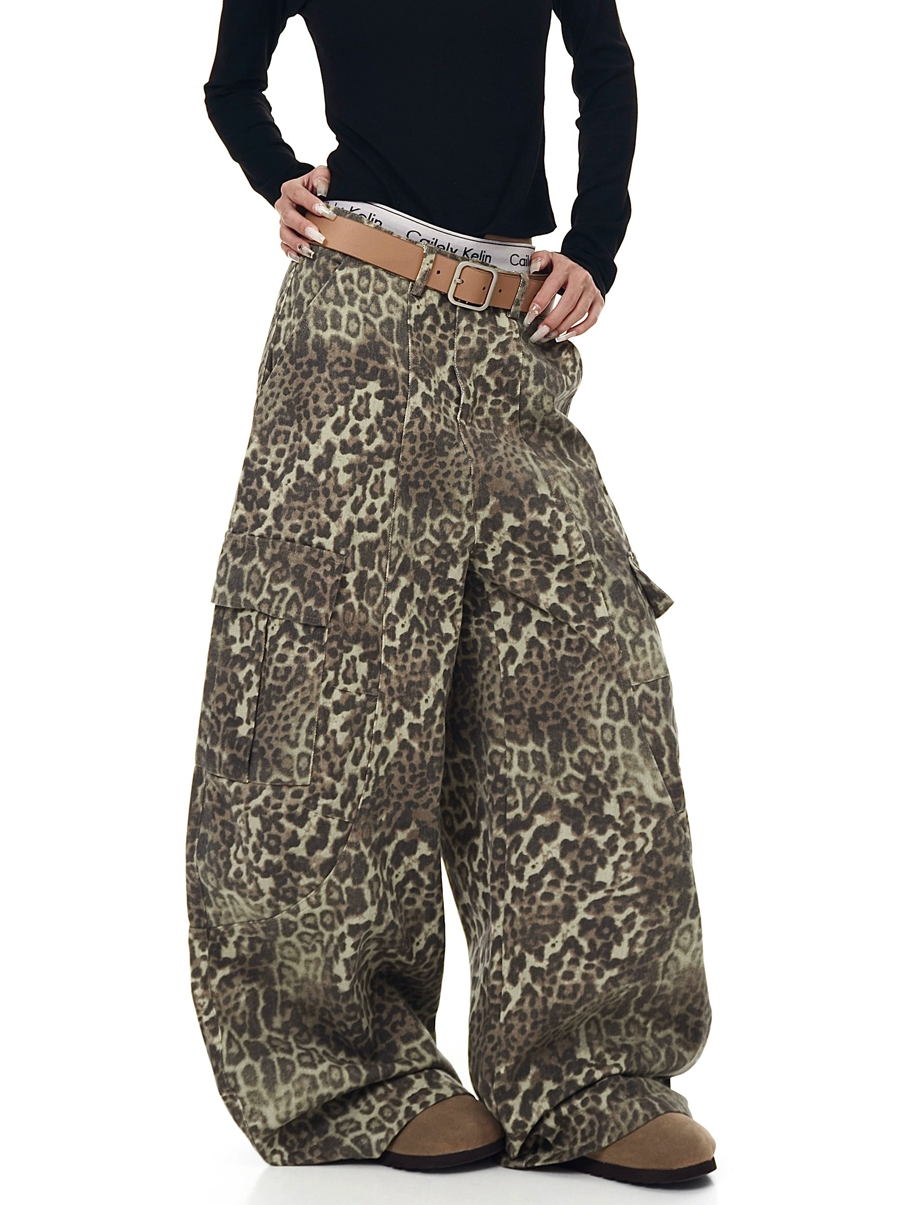 Leopard Multi-Pocket Cargo Denim Wide-Leg Pants