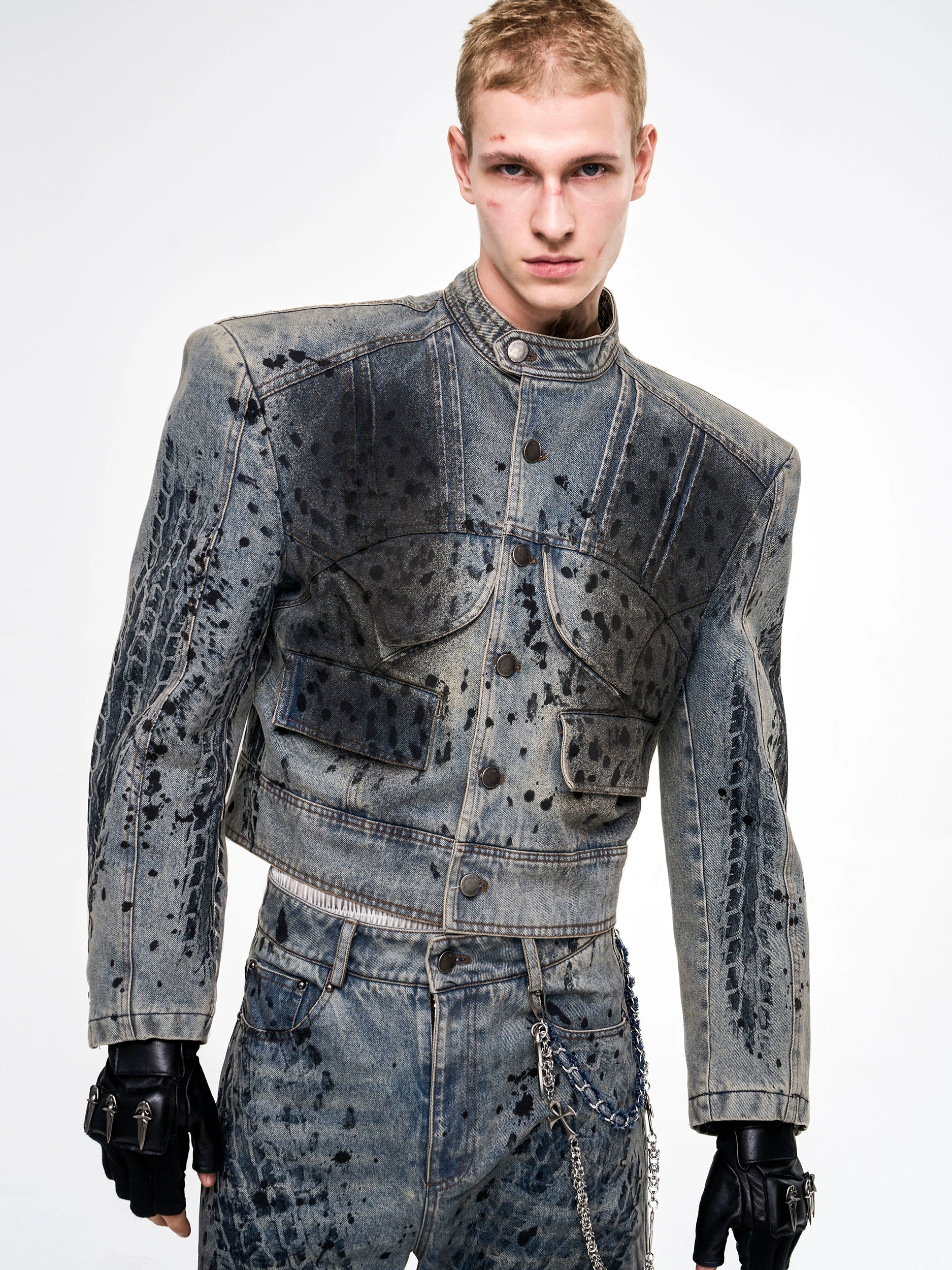 Washed Tire Print Padded Denim Jacket Set