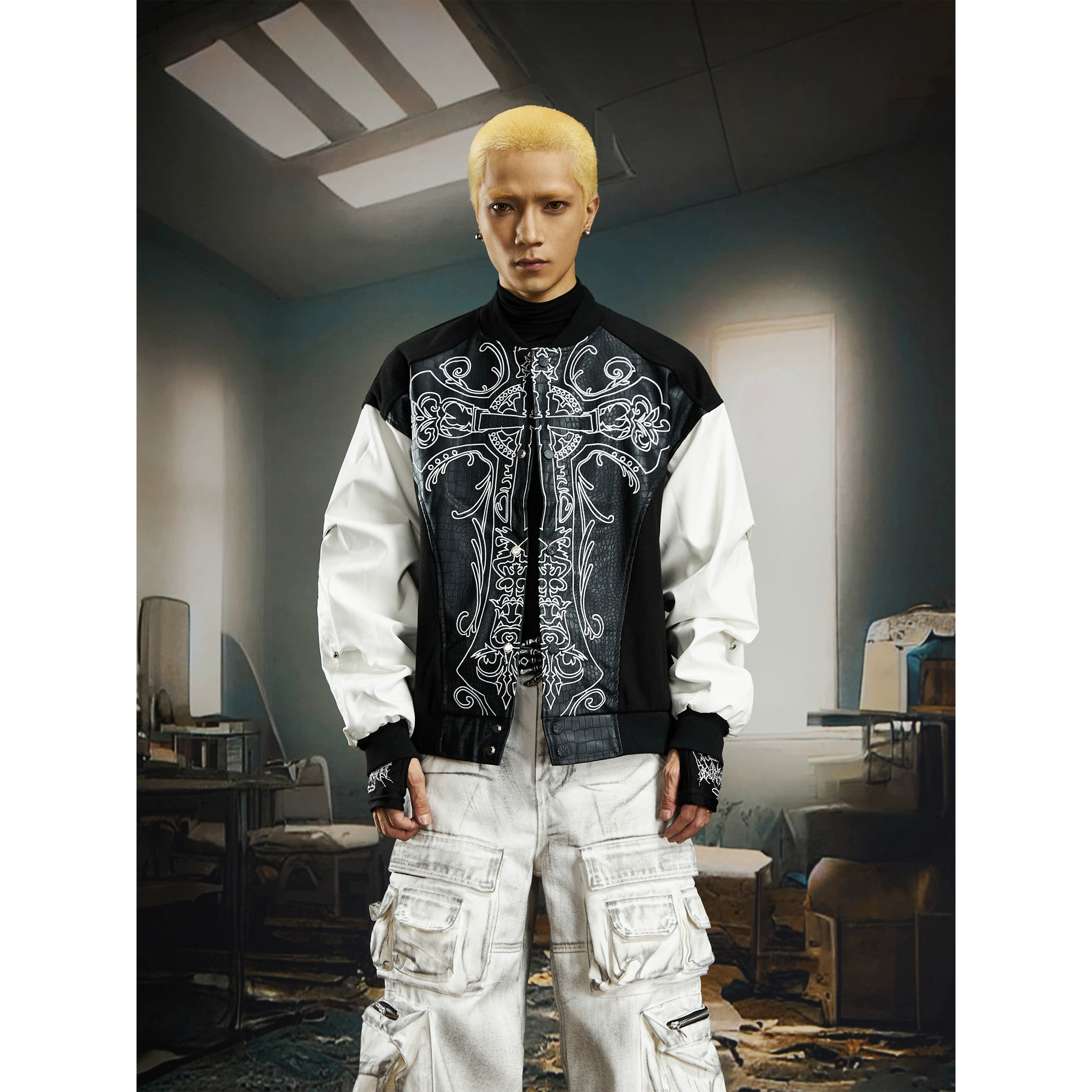 Snake-Pattern PU Deconstructed Varsity Jacket