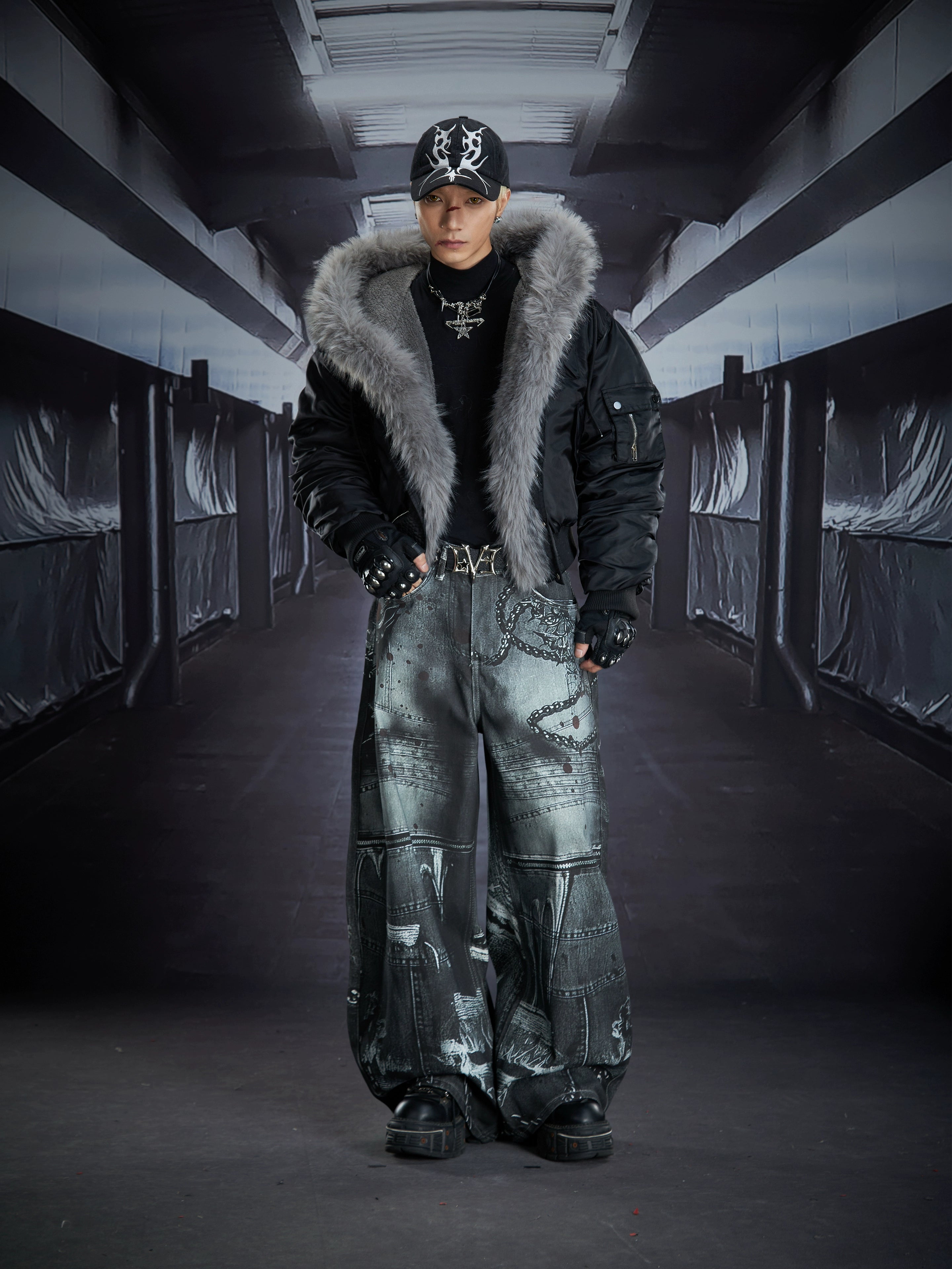 Detachable Fur-Collar Studded Hooded Fleece Puffer Jacket