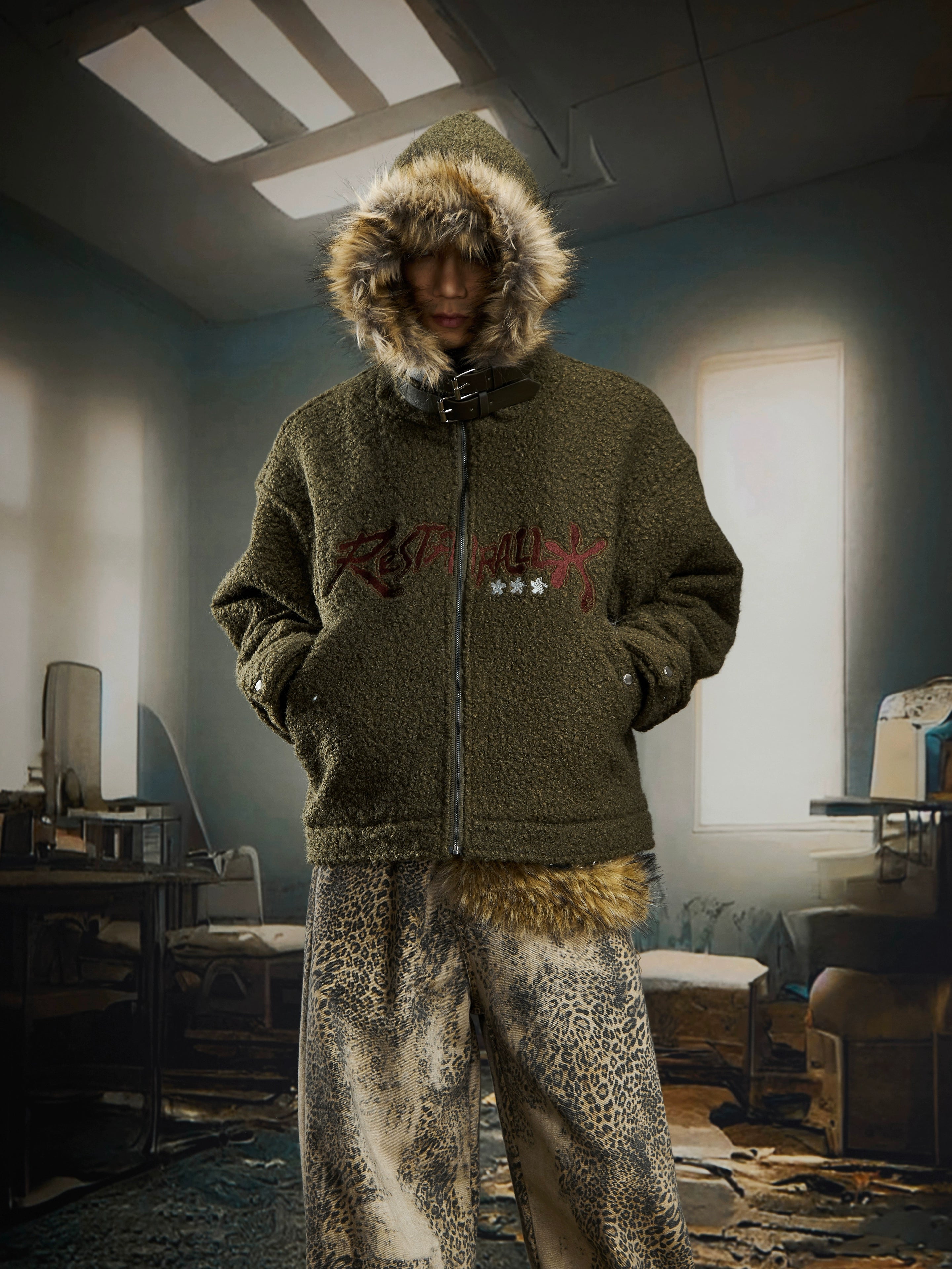 Embroidered Faux-Shearling Belted Hooded Puffer Coat