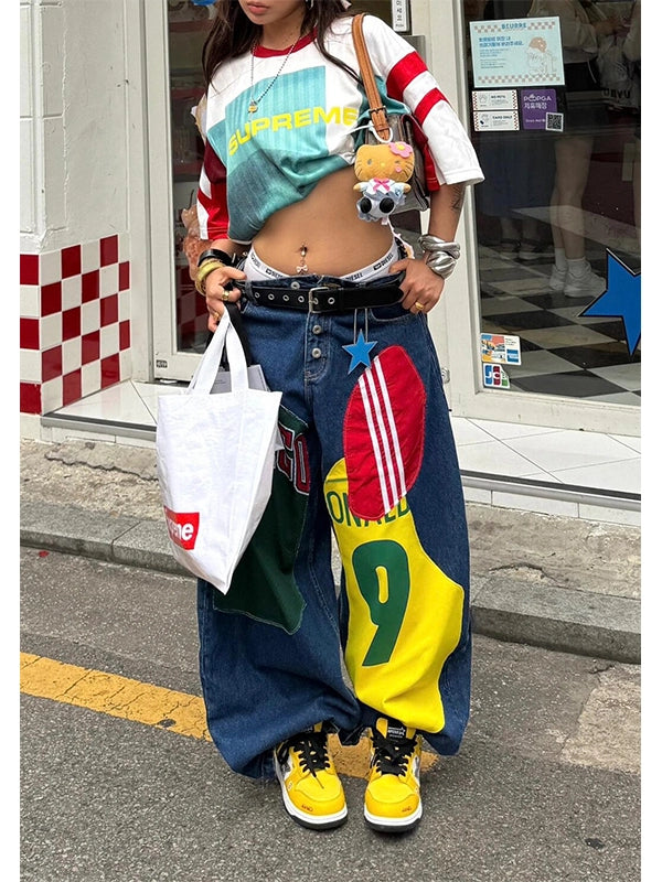 【25s Sep.】Vintage Colorblock Printed Wide-Leg Denim Pants