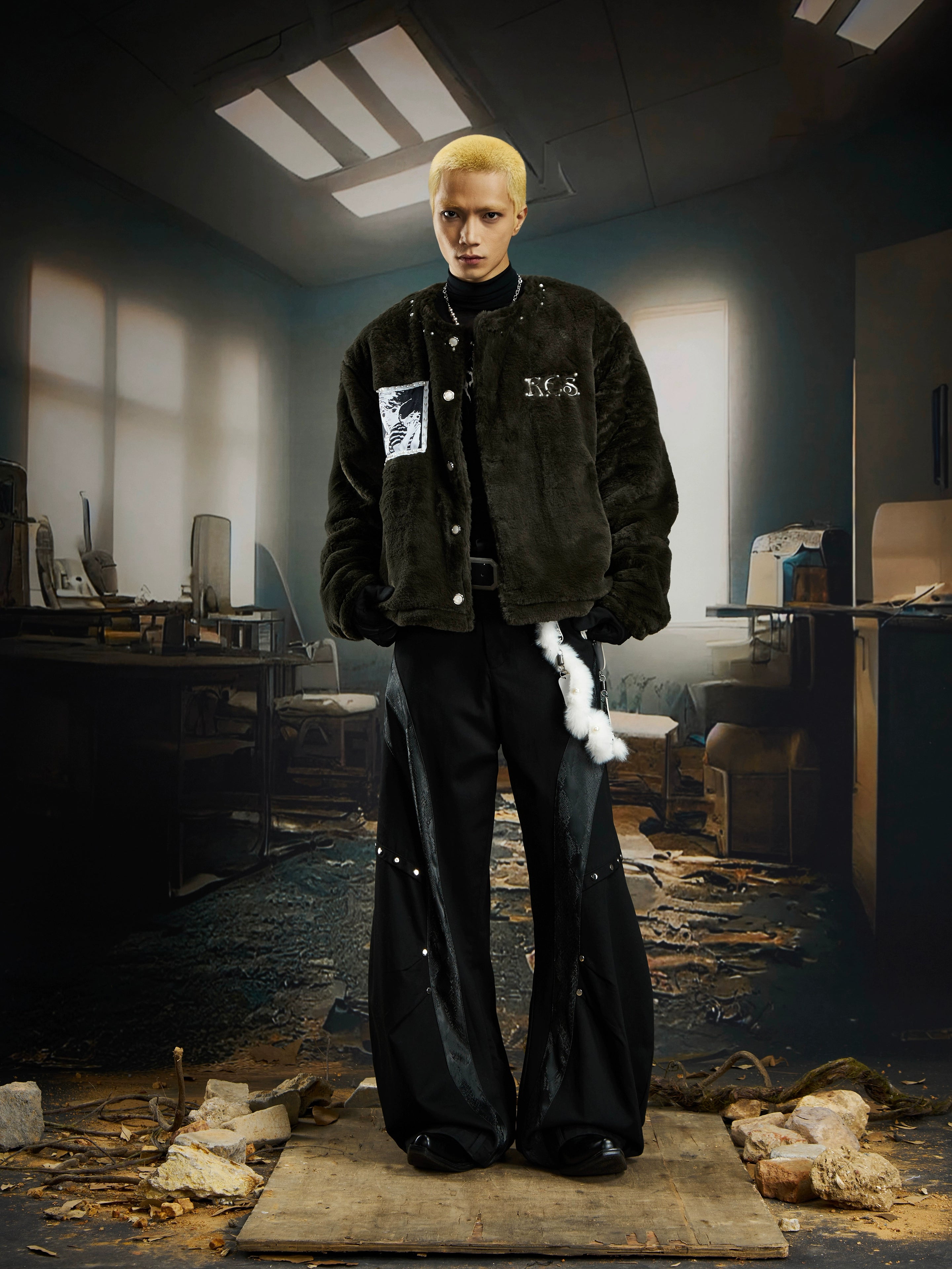 Plush Beaded Comic Patch Collarless Padded Short Jacket