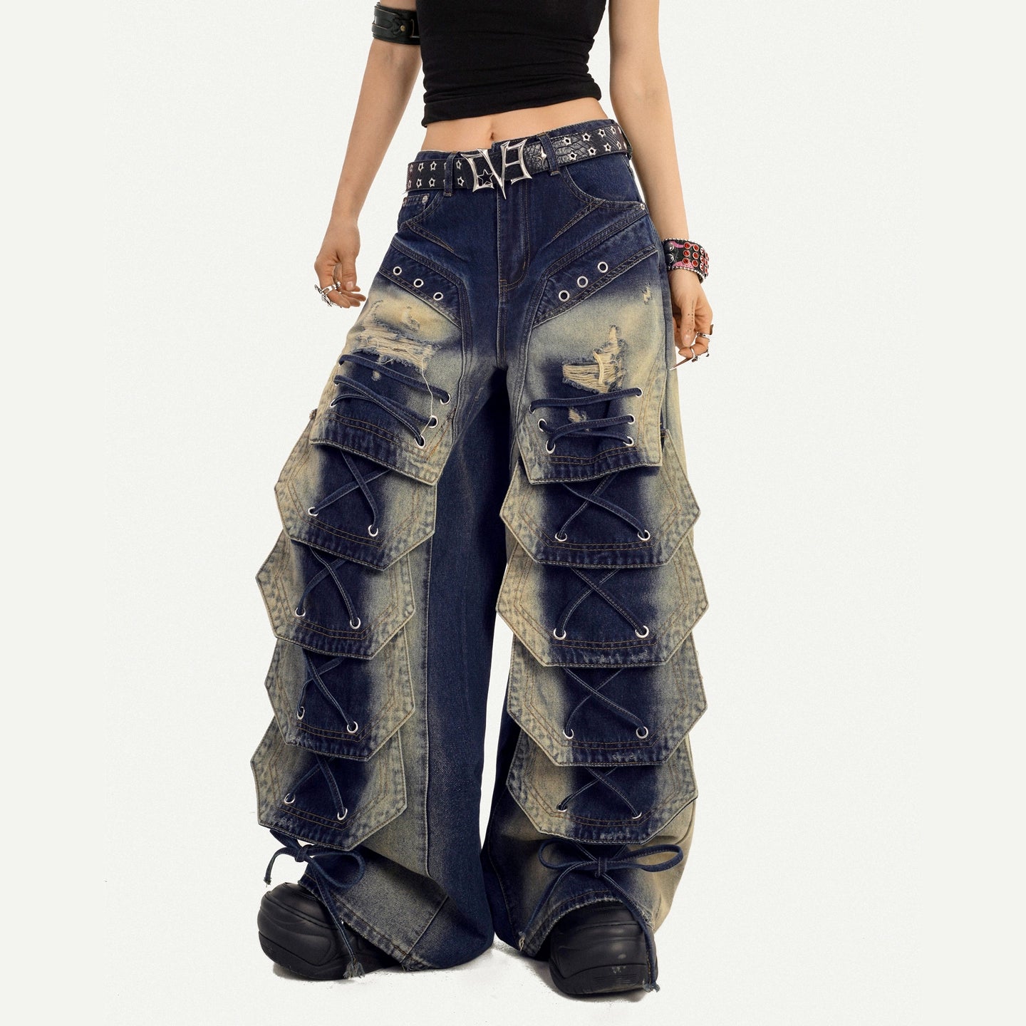 Heavy-Washed Cargo Denim Pants with Multi-Pocket Punk Street Style