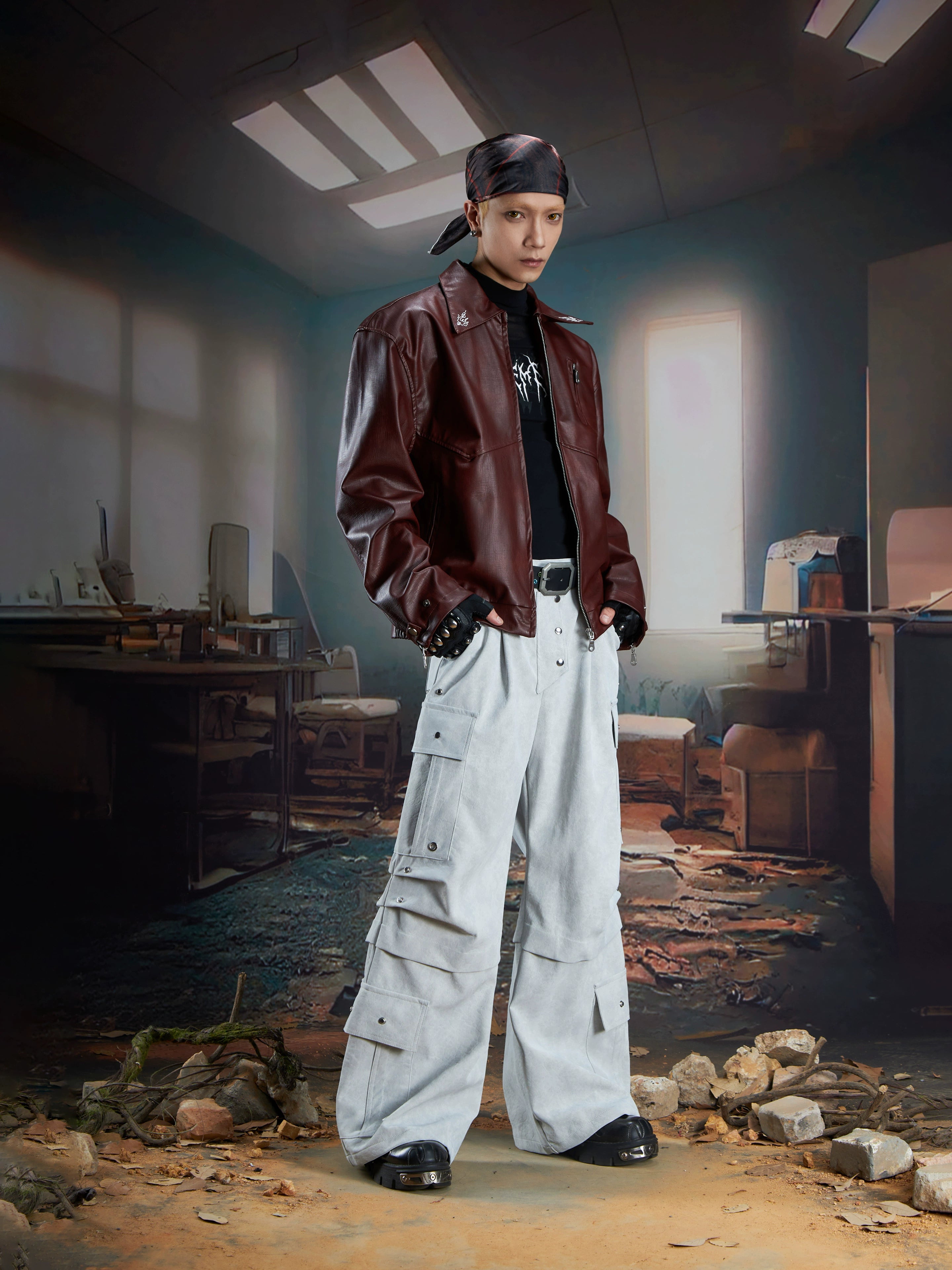 Matte Leather Multi-Pocket Studded Straight Pants