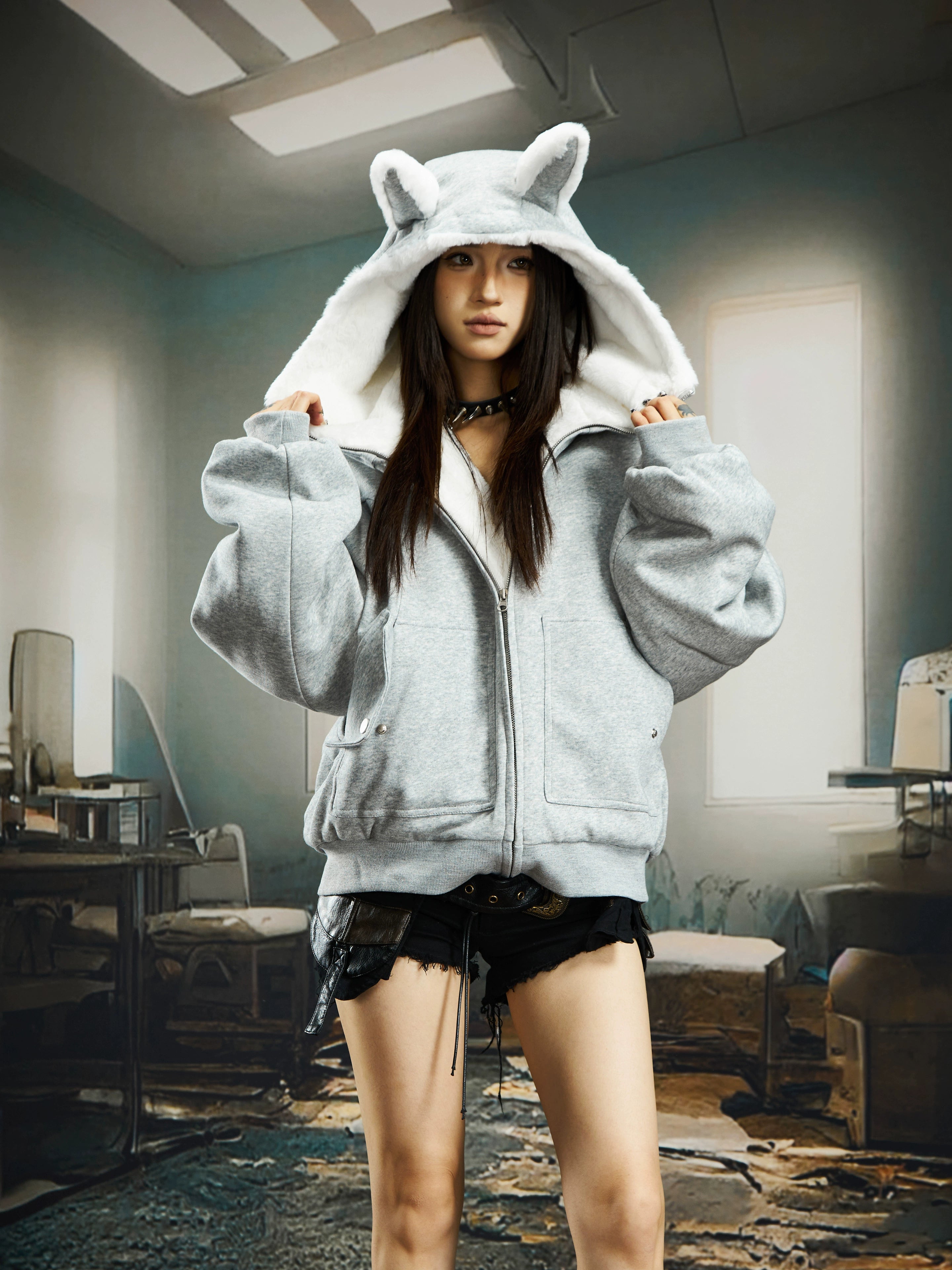 Vintage Bunny-Ear Hooded Sweatshirt Puffer Jacket
