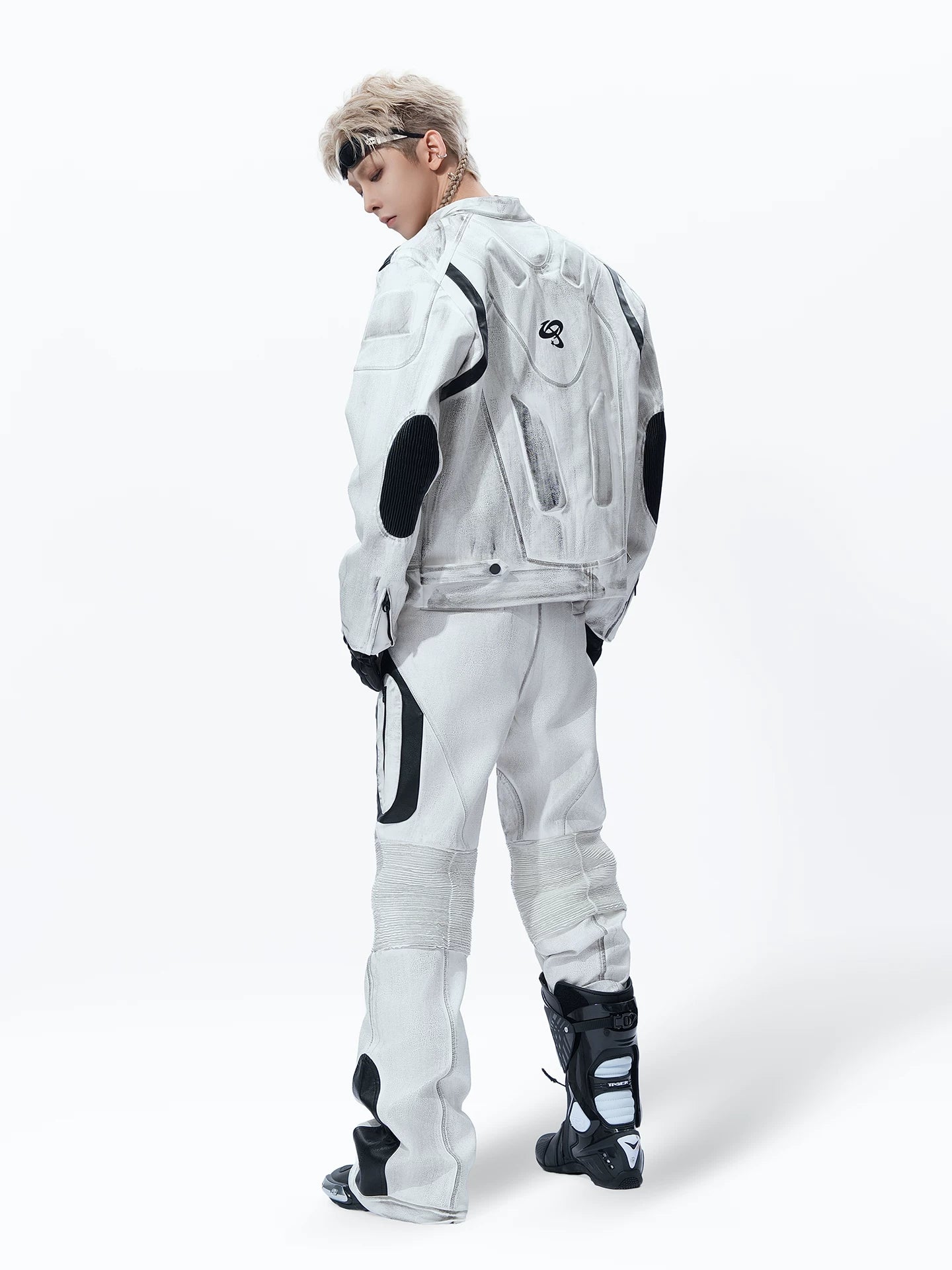 Sanhoostudio leather jacket featuring distressed finish and relaxed fit for bold streetwear styling.