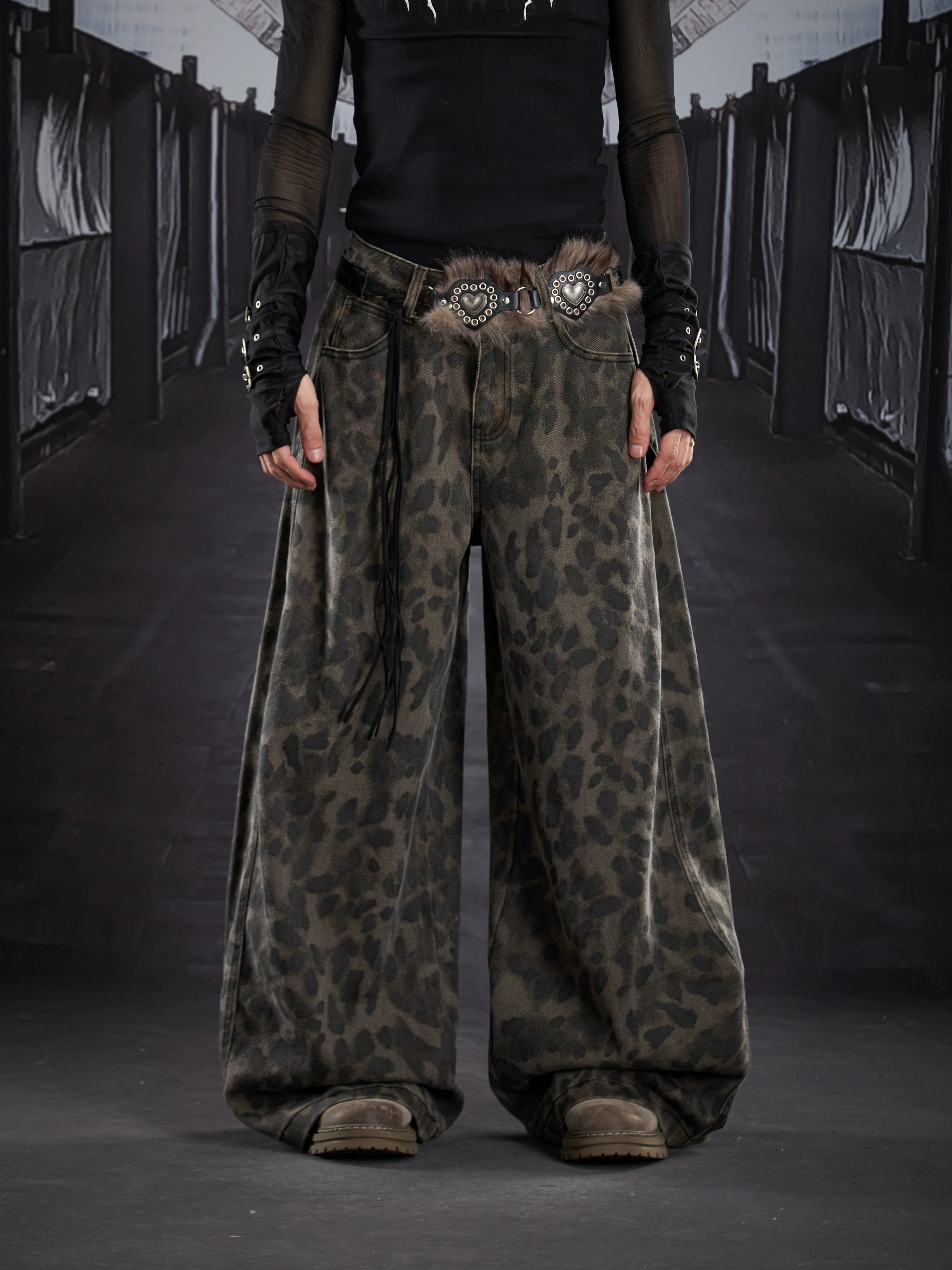 Washed Leopard Wide-Leg Streetwear Pants