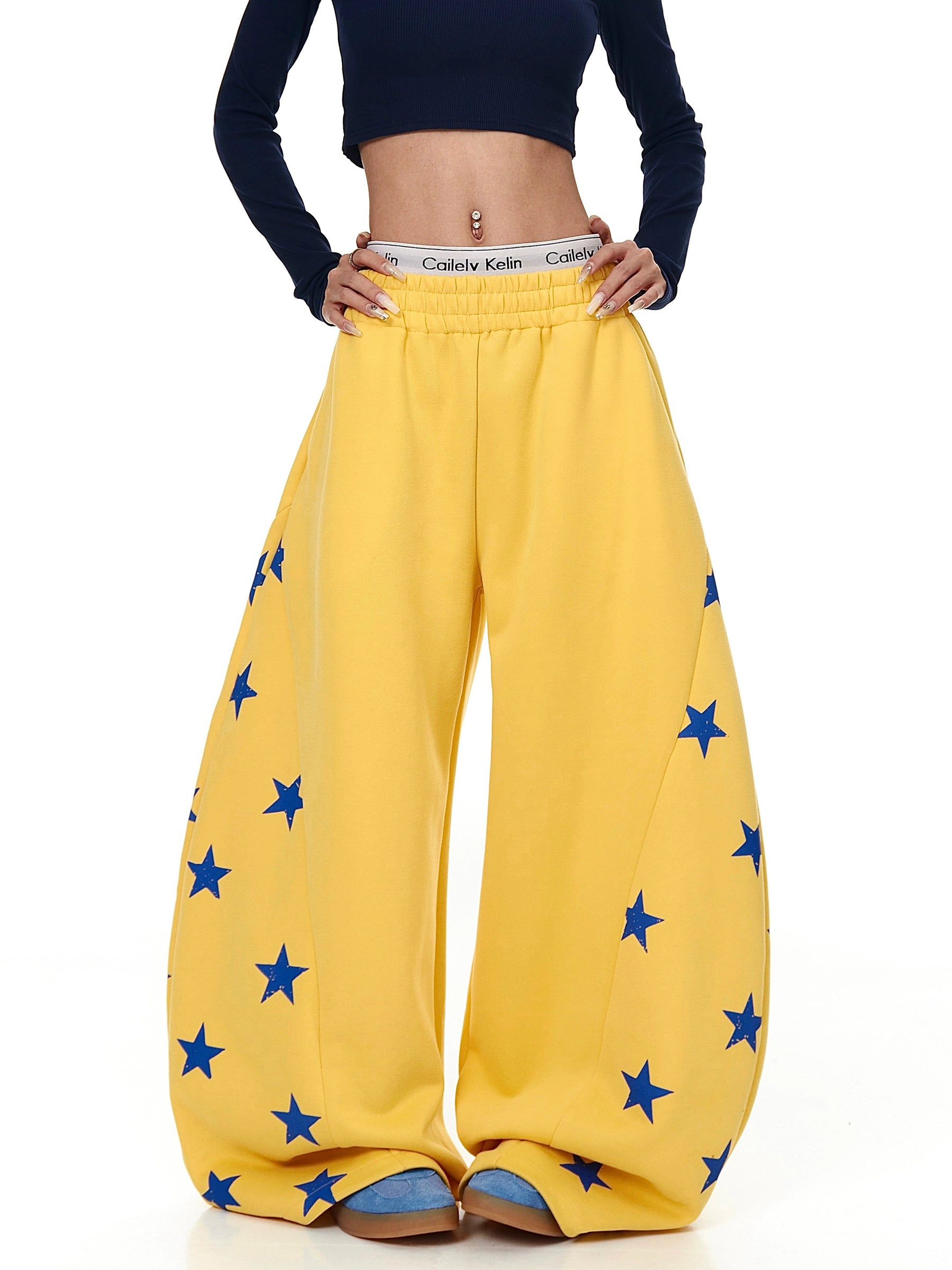 Retro Star Patch Contrast Wide-Leg Sweatpants