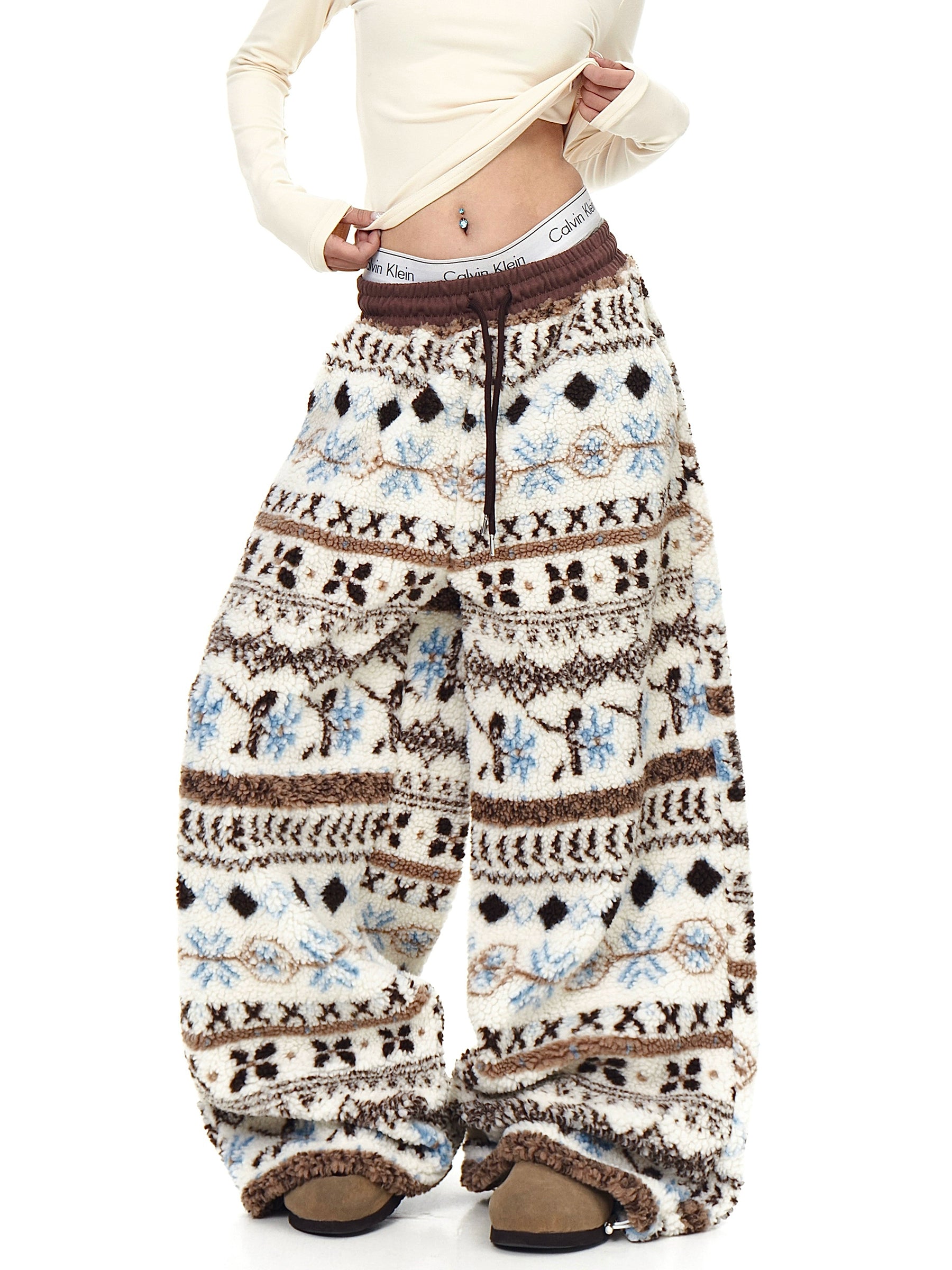 Fair Isle Sherpa-Lined Cozy Winter Wide Pants