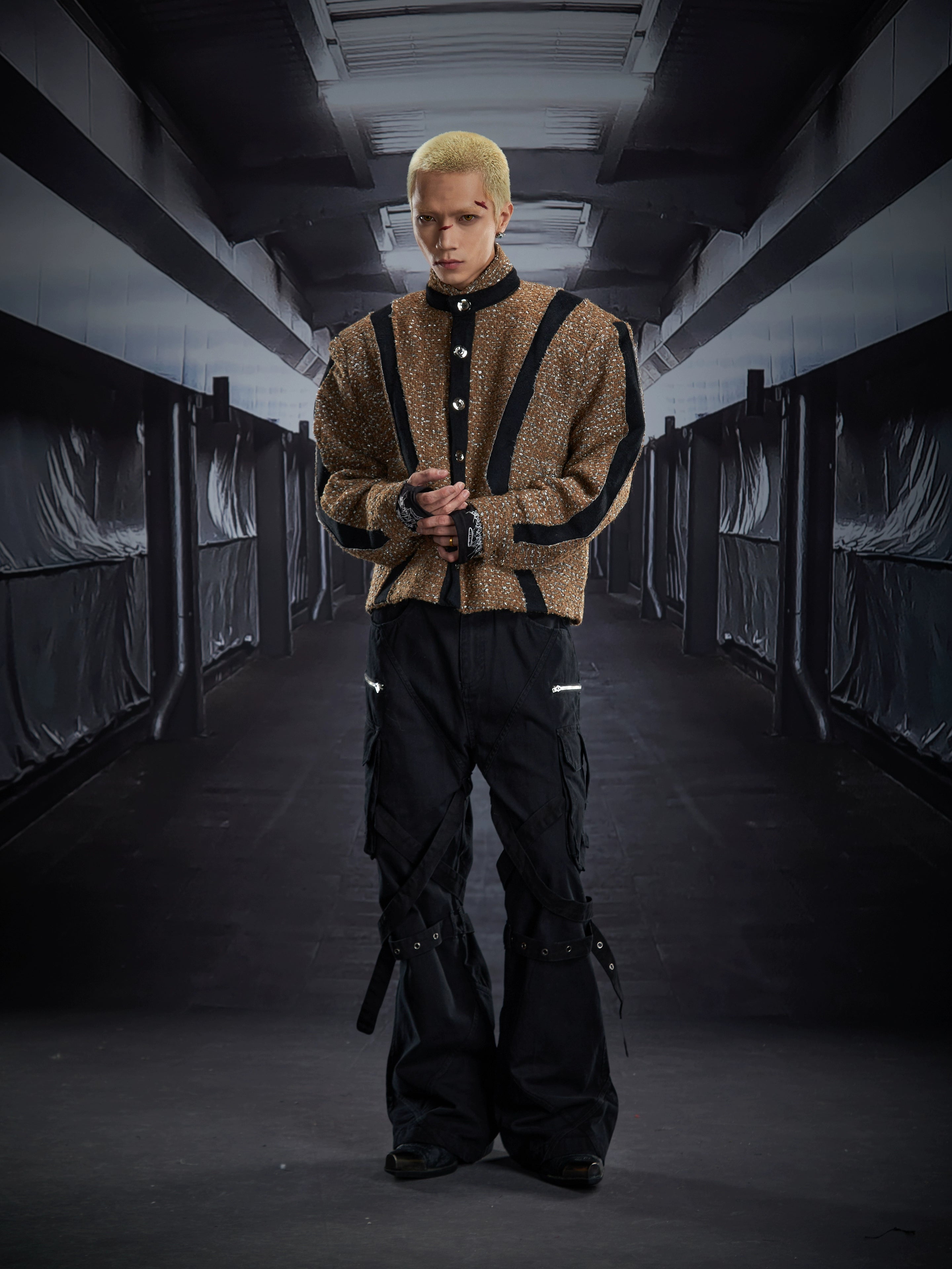 A standout star-cut deconstructed jacket with a structured stand collar and insulated padded body. A winter statement piece designed by Sanhoostudio for elevated street style.