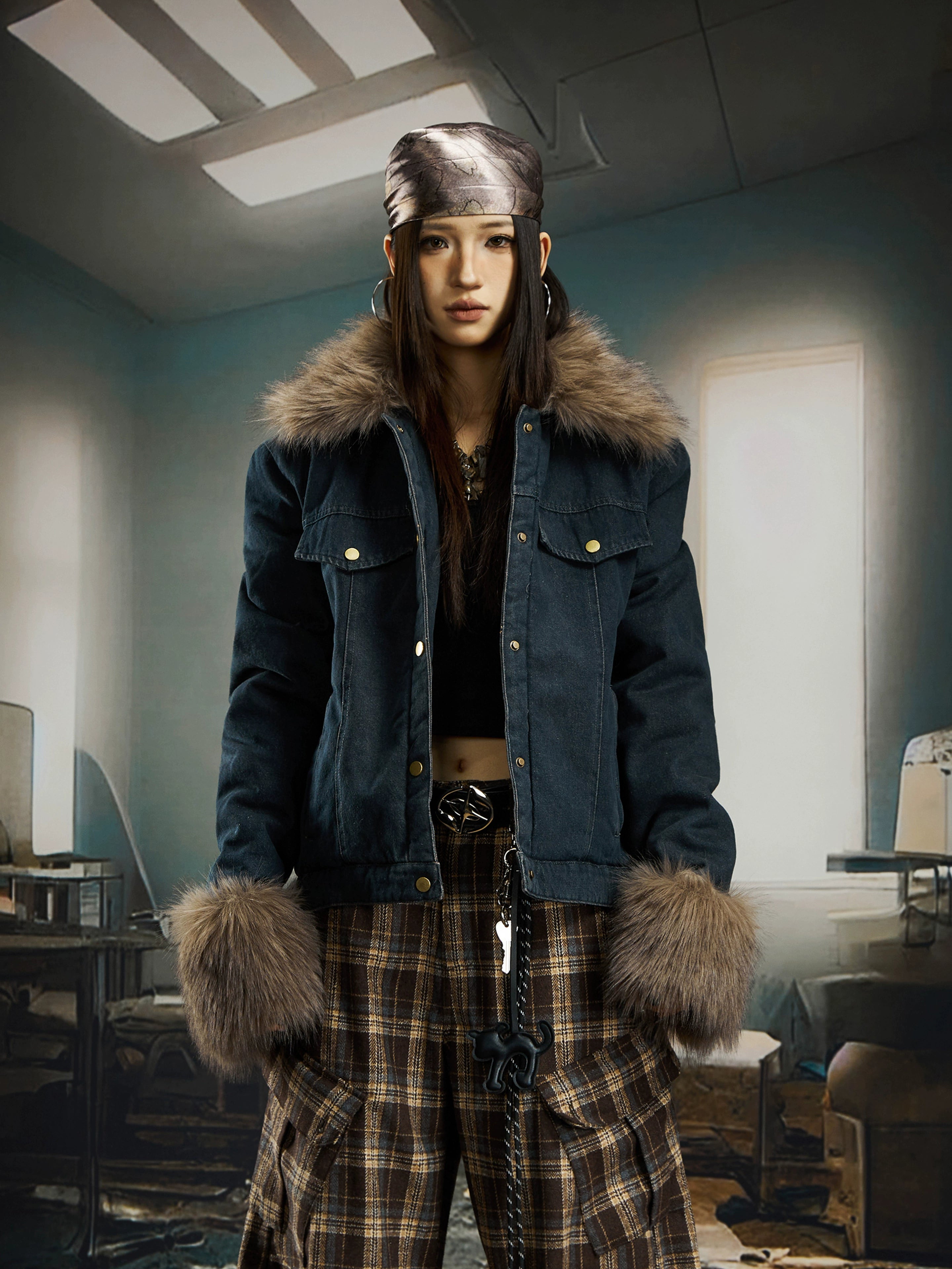 Short Denim Puffer Jacket with Fur Collar